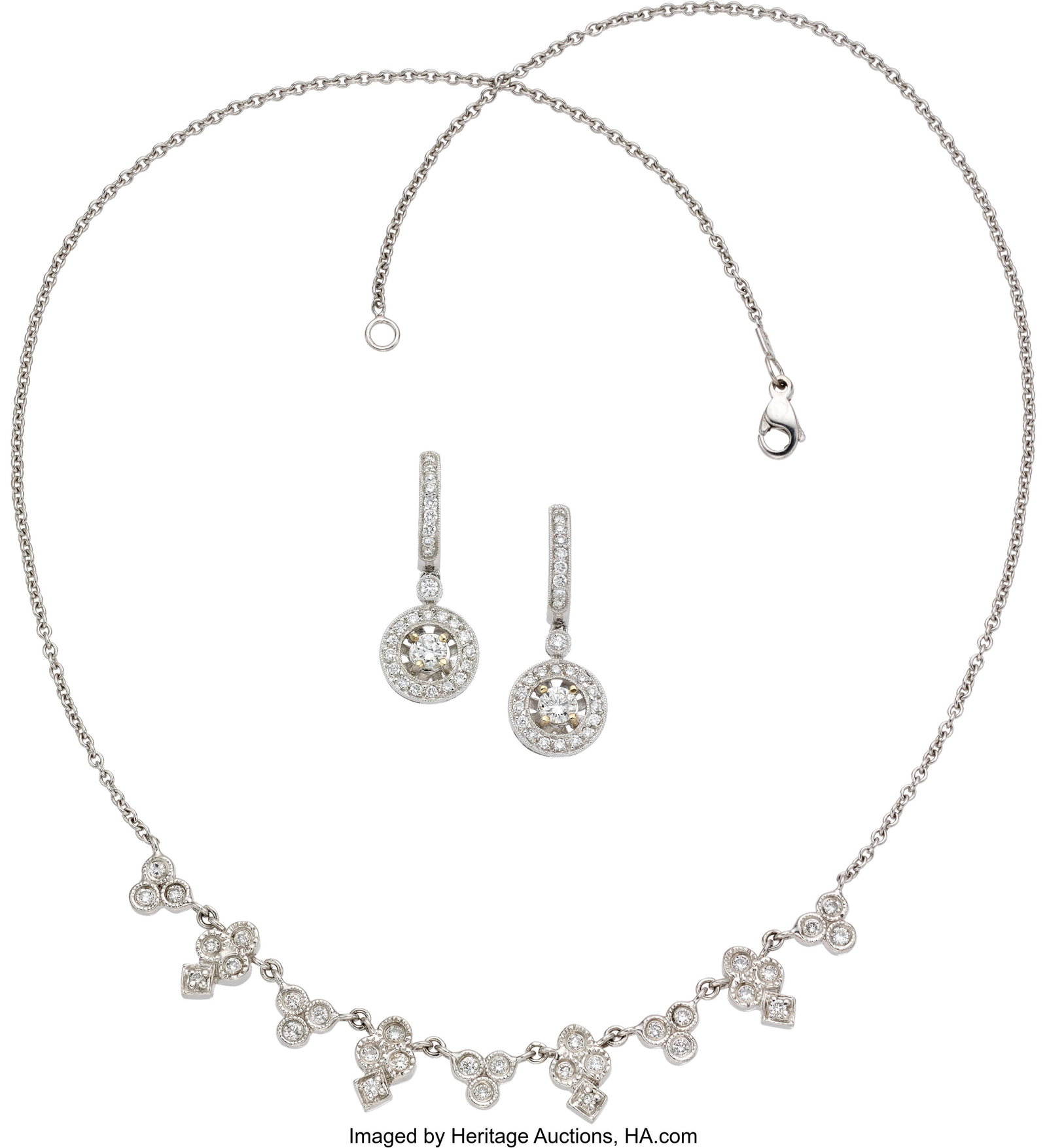 Diamond, White Gold Jewelry Stones: Full-cut di: Diamond, White Gold Jewelry Stones: Full-cut diamonds weighing a total of approximately 1.25 carats Metal: 18k and 14k gold Marked: Parade (earrings) Gross Wei