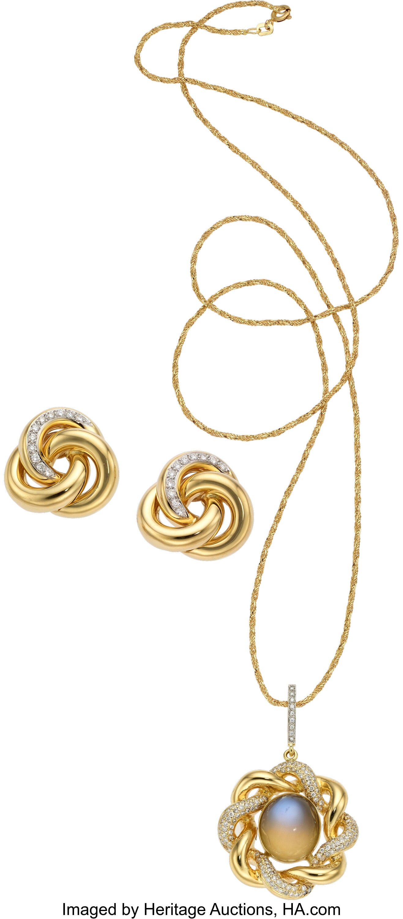 Giorgio Visconti Moonstone, Diamond, Gold Jewelr: Giorgio Visconti Moonstone, Diamond, Gold Jewelry Stones: Moonstone cabochon; full-cut diamonds weighing a total of approximately 1.25 carats Metal: 18k and 14k gol