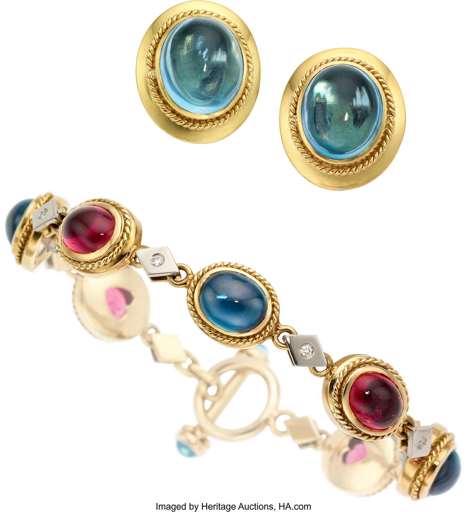 Rubellite Tourmaline, Blue Topaz, Diamond, Gold : Rubellite Tourmaline, Blue Topaz, Diamond, Gold Jewelry Suite Stones: Rubelite tourmaline cabochons; blue topaz cabochons; full-cut diamonds weighing a total of appro