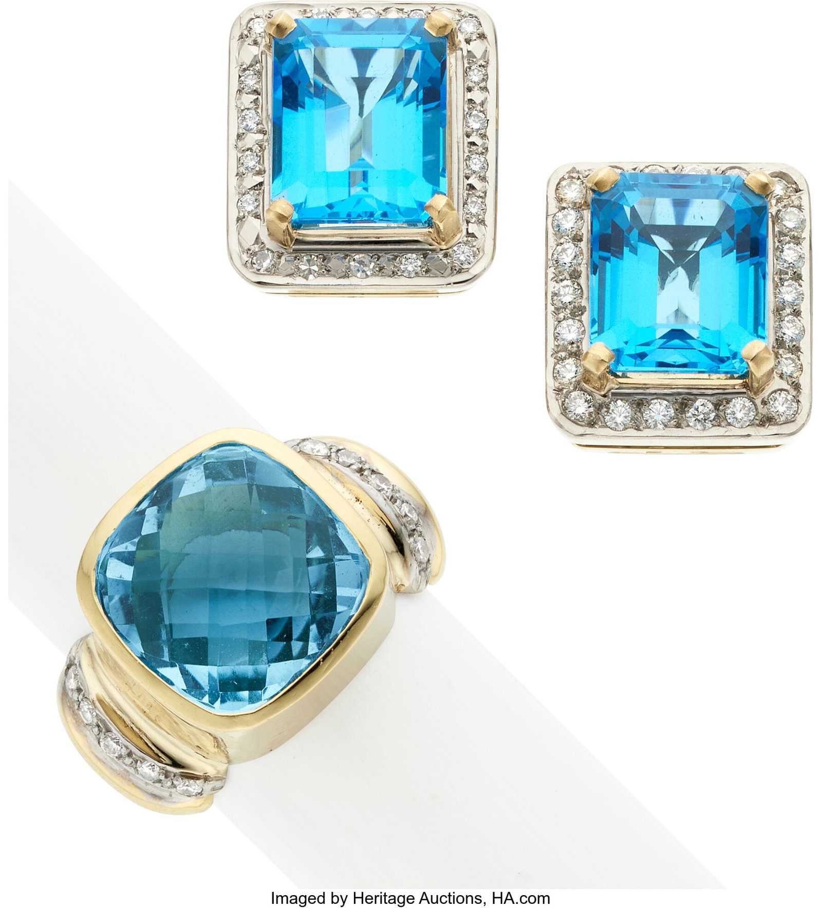 Blue Topaz, Gold Jewelry Stones: Emerald-cut bl: Blue Topaz, Gold Jewelry Stones: Emerald-cut blue topaz and cushion-shaped checkerboard faceted blue topaz; full and single-cut diamonds weighing a total of approximately 0.75 