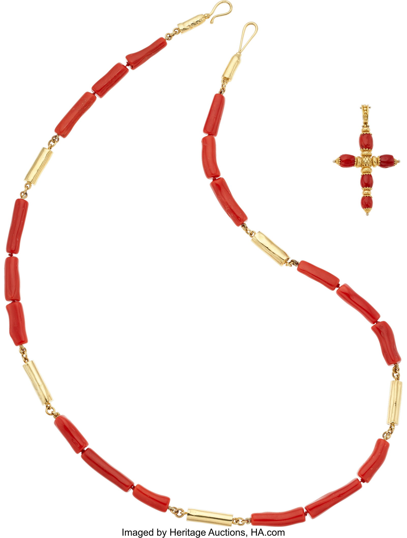 Coral, Gold Enhancer-Pendant Necklace Stones: C: Coral, Gold Enhancer-Pendant Necklace Stones: Coral beads Metal: 18k gold Marked: Mario Garfarino (pendant) Gross Weight: 60.70 grams Enhancer-Pendant Di