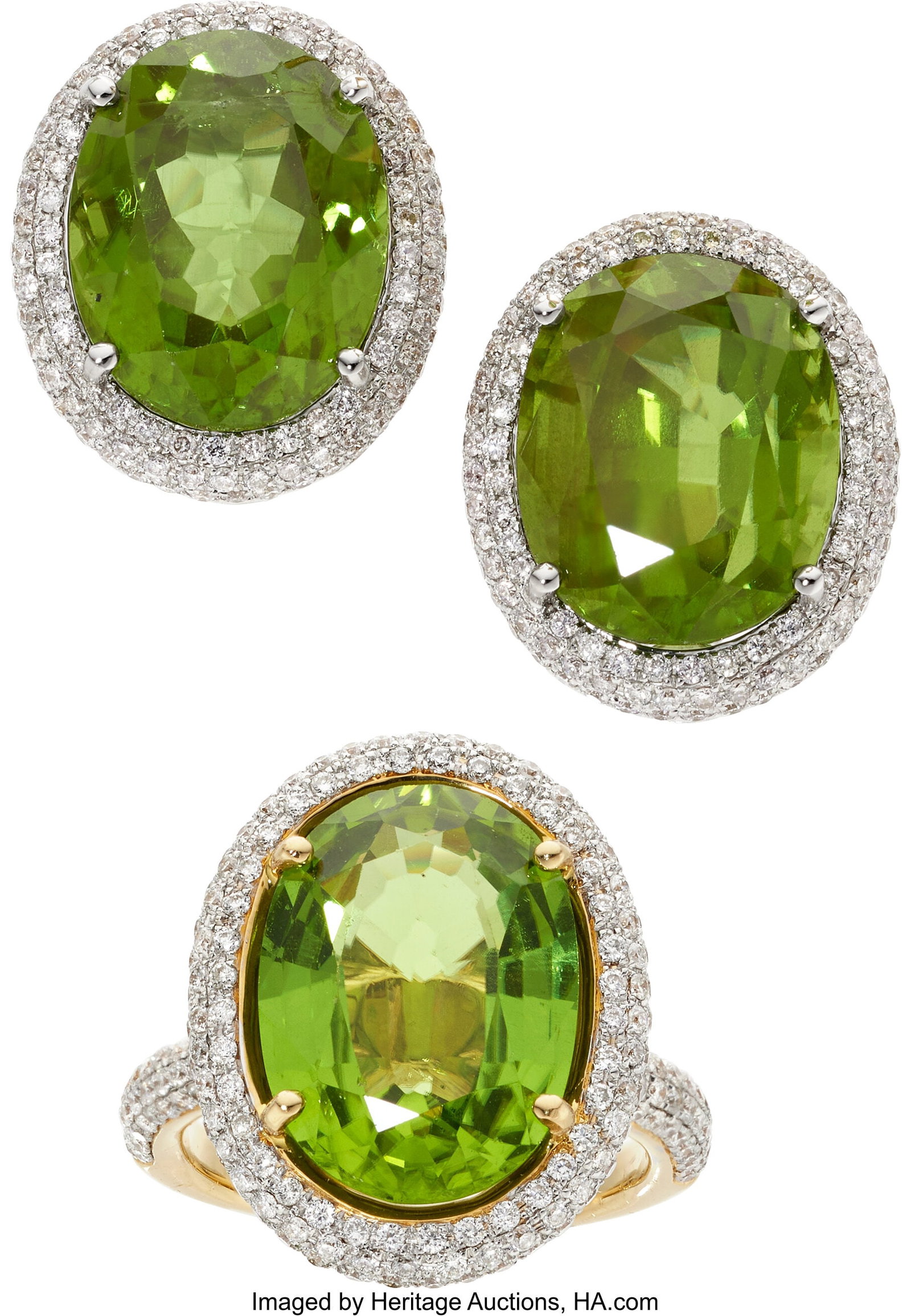 Peridot, Diamond, Gold Jewelry Stones: Oval-sha: Peridot, Diamond, Gold Jewelry Stones: Oval-shaped peridot weighing a total of approximately 25.00 carats; full-cut diamonds weighing a total of approximately 1.50