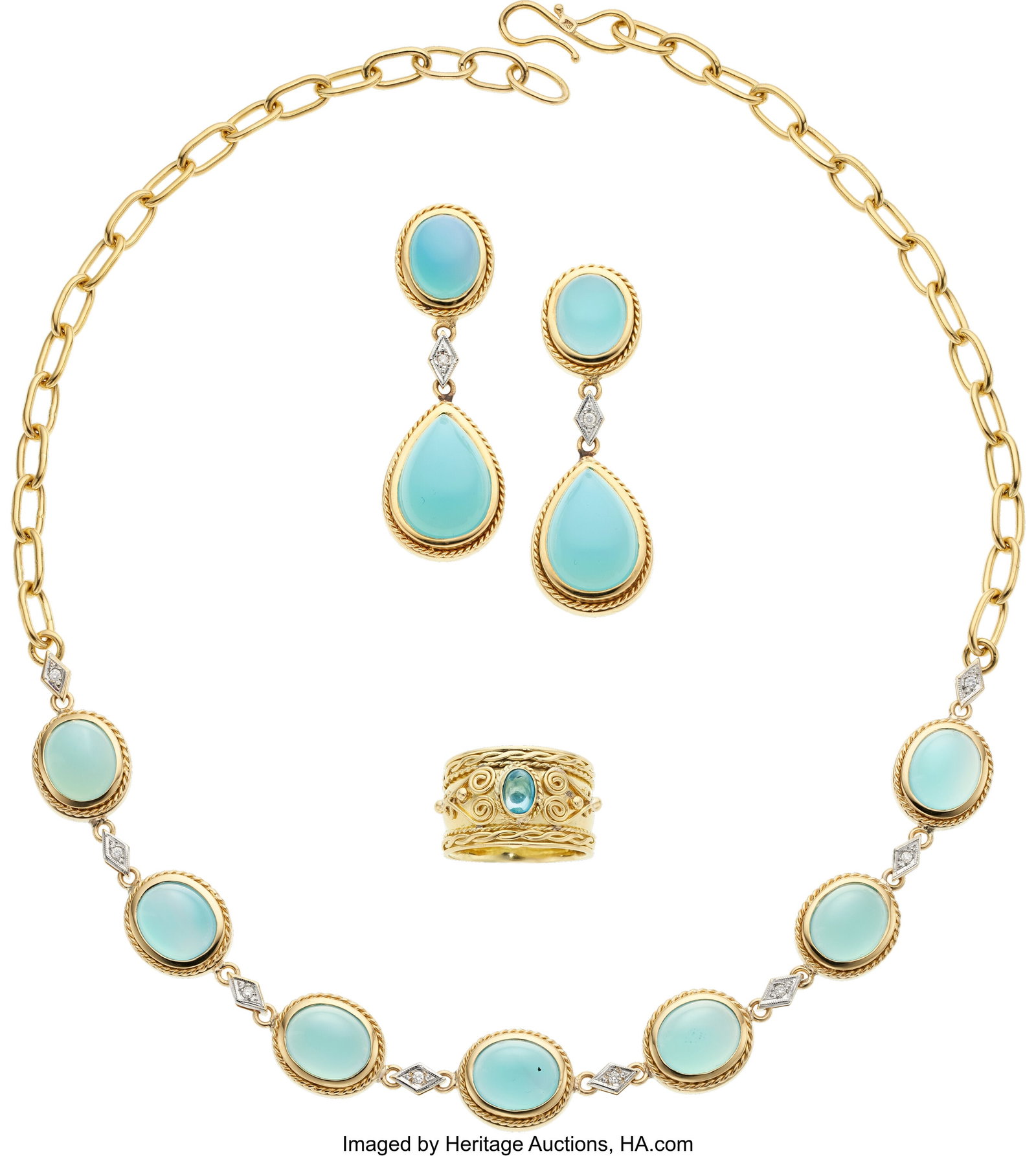 Blue Topaz, Diamond, Blue Hardstone, Gold Jewelr: Blue Topaz, Diamond, Blue Hardstone, Gold Jewelry Stones: Blue hardstone cabochons; blue topaz cabochon; full-cut diamonds weighing a total of approximately 0.