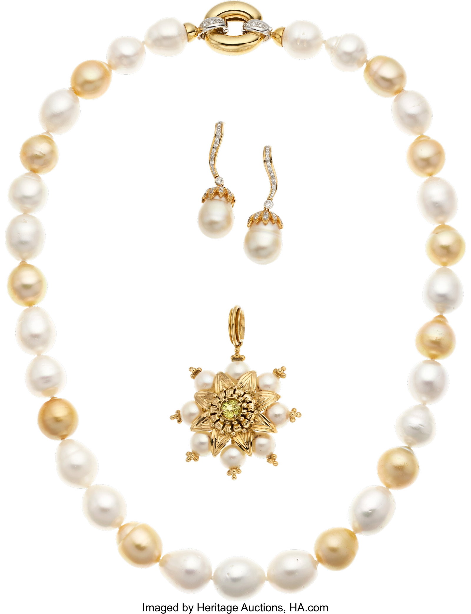 South Sea Cultured Pearl, Cultured Pearl, Yellow: South Sea Cultured Pearl, Cultured Pearl, Yellow Sapphire, Diamond, Gold Jewelry Stones: Round-shaped yellow sapphire weighing approximately 1.00 carat; full-
