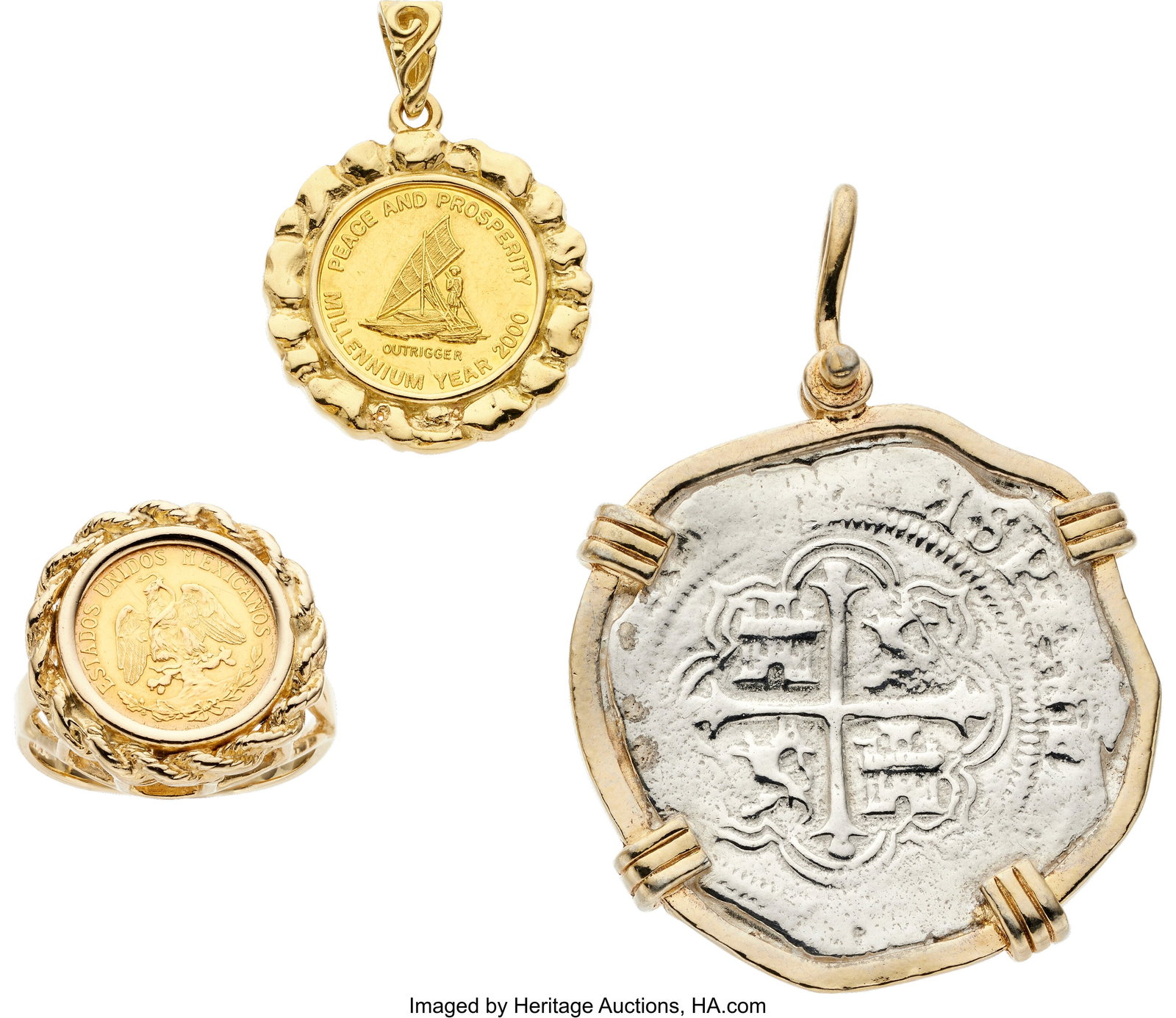 Gold Coin, Silver Coin, Gold Jewelry Coins: Mex: Gold Coin, Silver Coin, Gold Jewelry Coins: Mexican 2 pesos gold coin; 2000 Fijian gold coin; replica shipwreck silver coin Metal: 18k and 14k gold; yellow metal