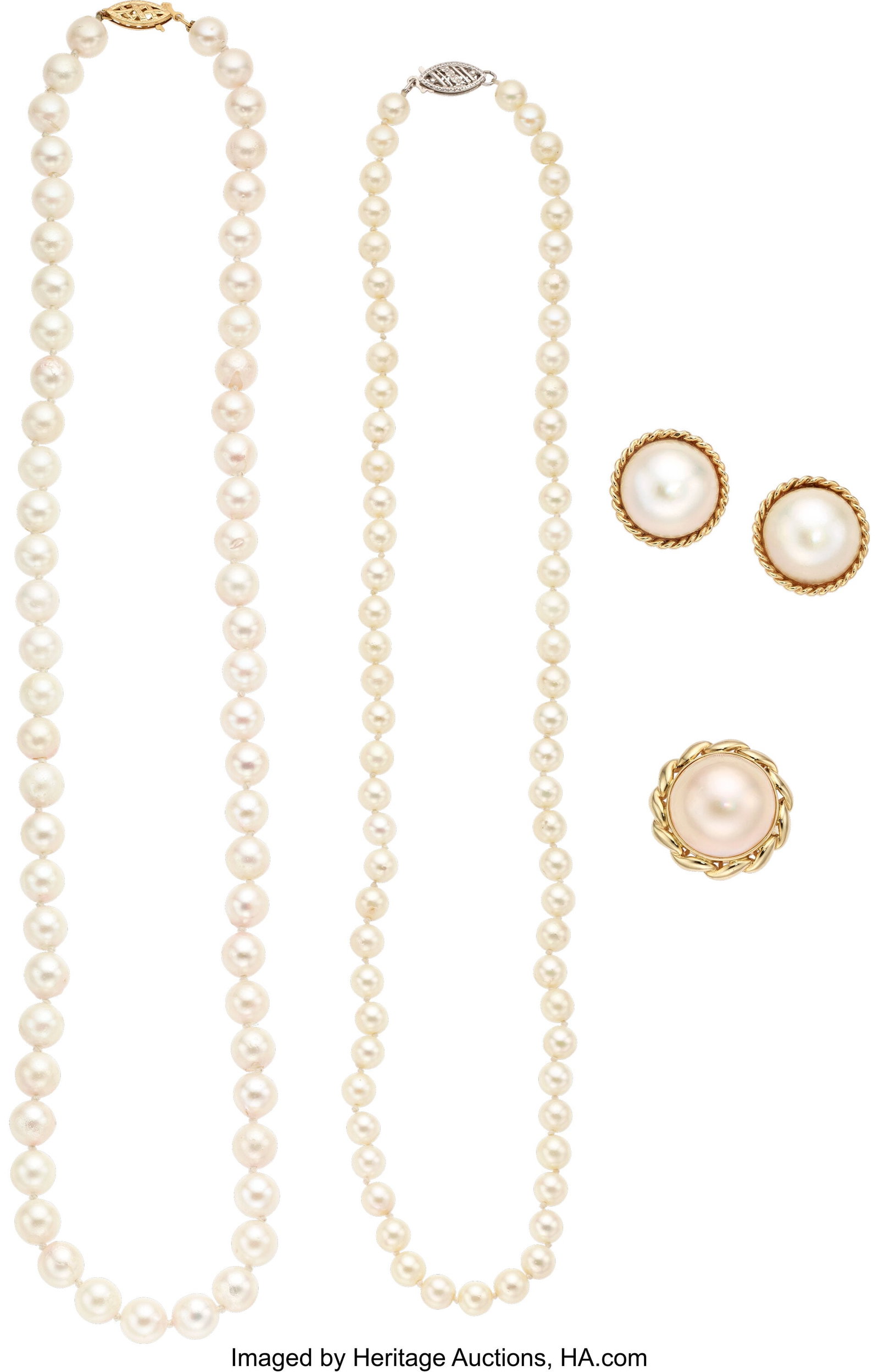 Mabe Pearl, Cultured Pearl, Gold Jewelry Pearls: Mabe Pearl, Cultured Pearl, Gold Jewelry Pearls: Mabe pearls measuring 14.00 mm - 16.00 mm; cultured pearls measuring 5.00 - 6.50 mm Metal: 14k