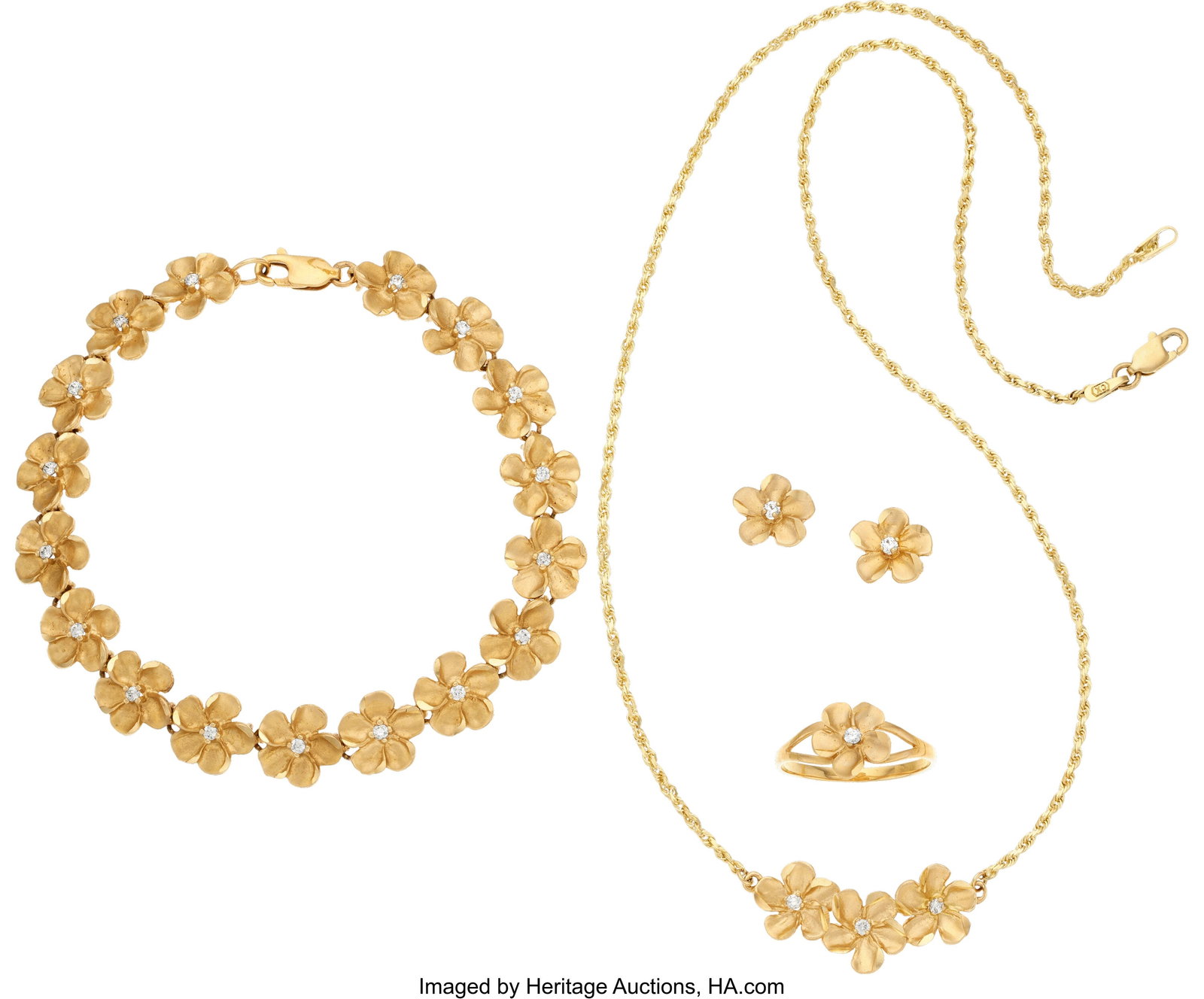 Plumeria Topaz, Gold Jewelry Suite Stones: Roun: Plumeria Topaz, Gold Jewelry Suite Stones: Round-shaped colorless topaz Metal: 14k gold Marked: for Plumeria Gross Weight: 19.20 grams Necklace Dimensions: 1
