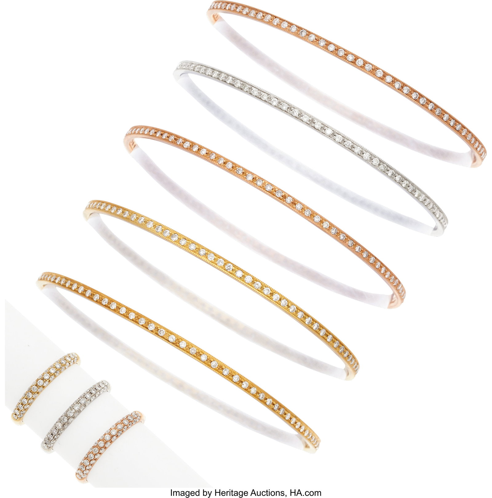 Diamond, Gold Jewelry Stones: Full-cut diamonds: Diamond, Gold Jewelry Stones: Full-cut diamonds weighing a total of approximately 5.80 carats Metal: 18k white, yellow, and rose gold Gross Weight: 46&period