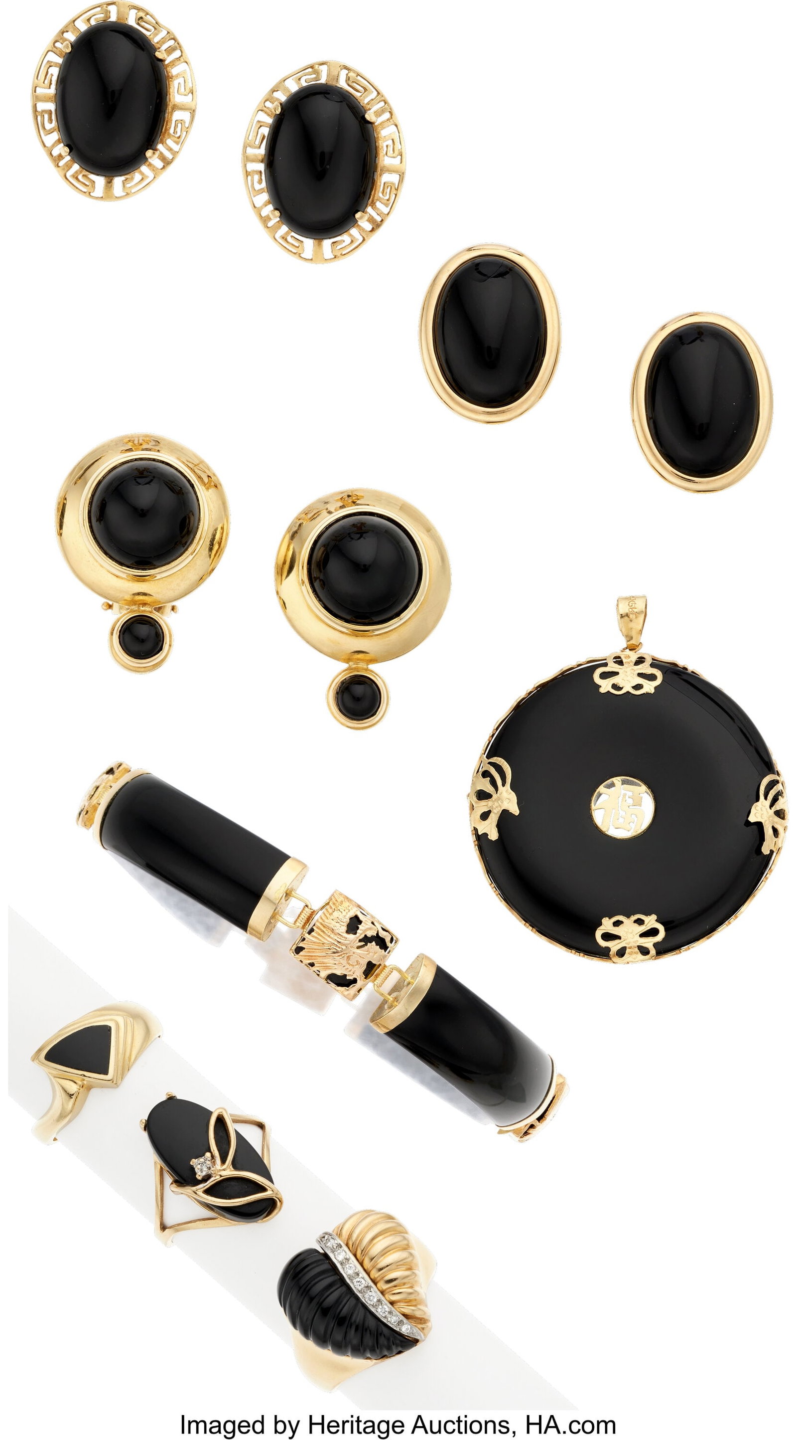 Black Onyx, Diamond, Gold Jewelry Stones: Black: Black Onyx, Diamond, Gold Jewelry Stones: Black onyx cabochons and carvings; full-cut diamonds weighing a total of approximately 0.10 carat Metal: 18k and 14k gold 