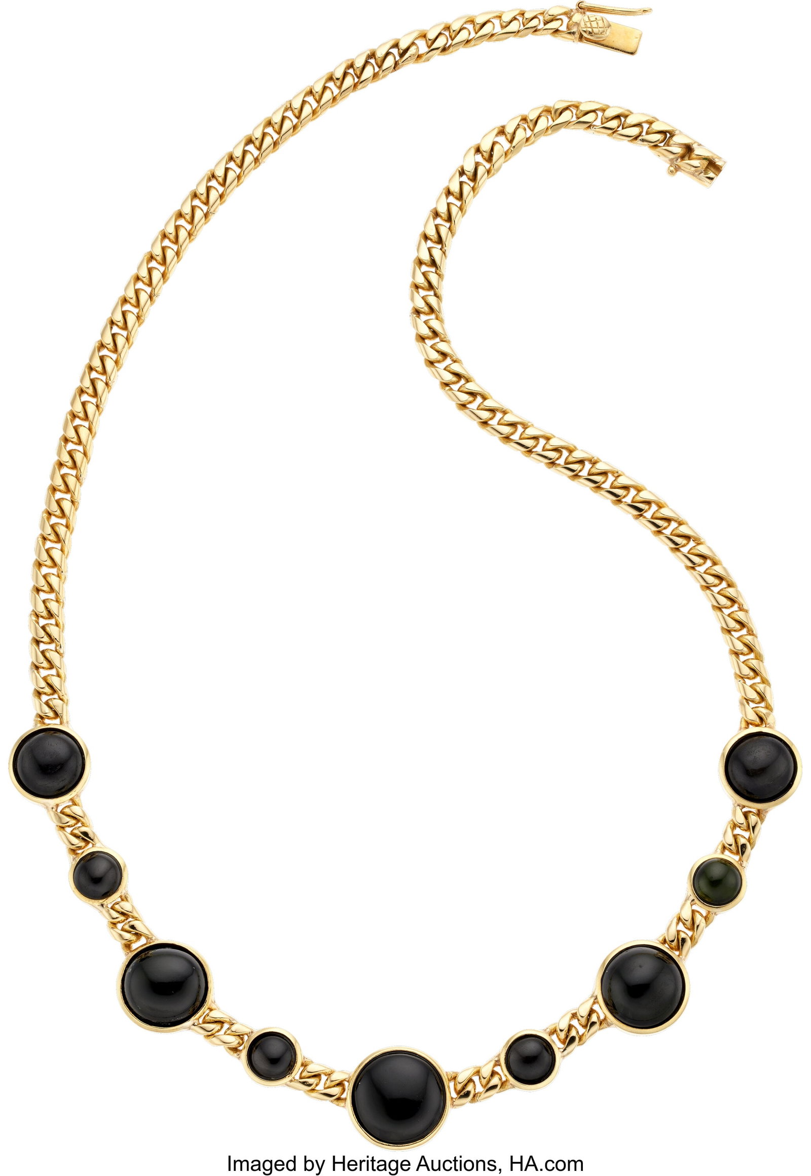 Cat's-Eye Tourmaline, Star Diopside, Gold Neckla: Cat's-Eye Tourmaline, Star Diopside, Gold Necklace Stones: Cat's-eye tourmaline cabochons; star diopside cabochons Metal: 18k gold Gross Weight: 64.40 grams D