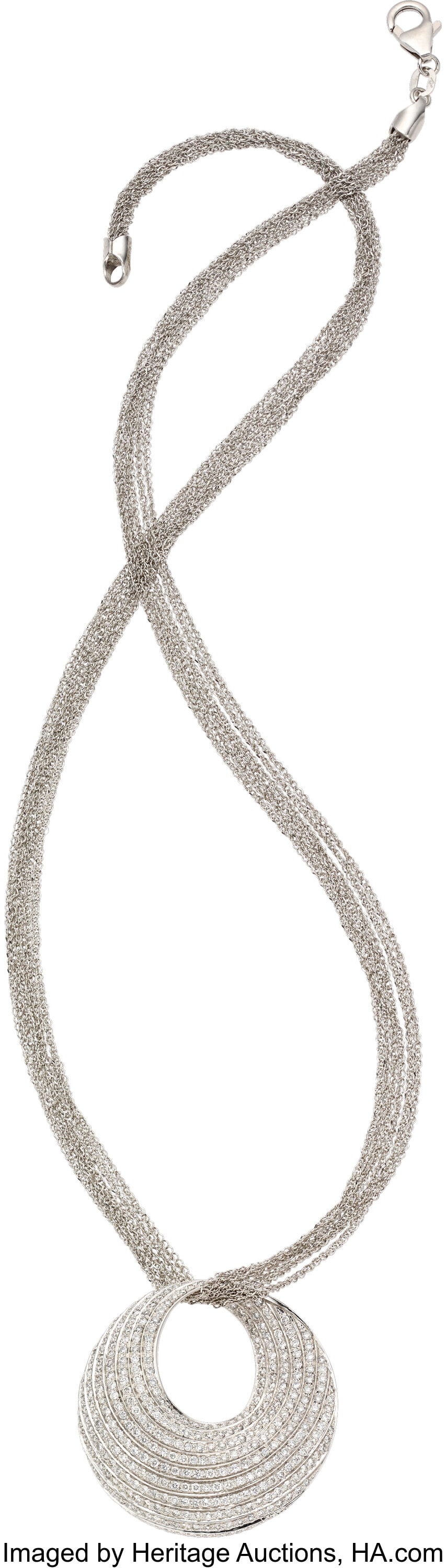 Diamond, White Gold Pendant-Necklace Stones: Fu: Diamond, White Gold Pendant-Necklace Stones: Full-cut diamonds weighing a total of approximately 2.00 carats Metal: 18k and 14k white gold Gross Weight: 17.20 gra