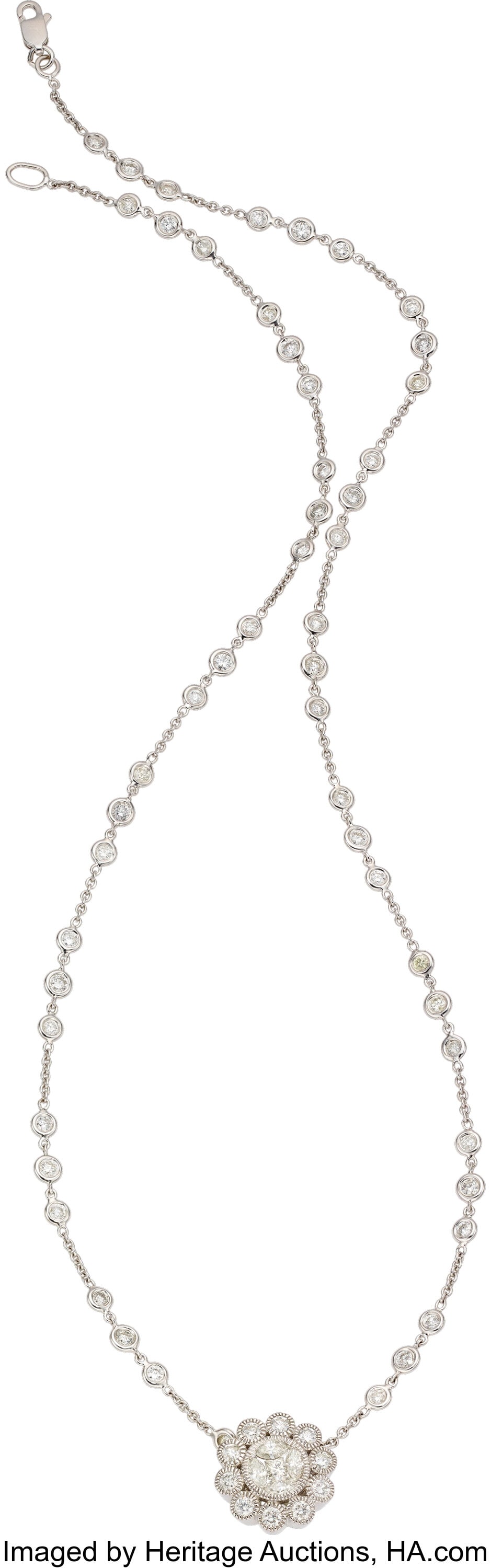 Diamond, White Gold Necklace Stones: Square-sh: Diamond, White Gold Necklace Stones: Square-shaped diamond; marquise-shaped diamonds weighing a total of approximately 0.35 carat; full-cut diamonds weighing a total of ap