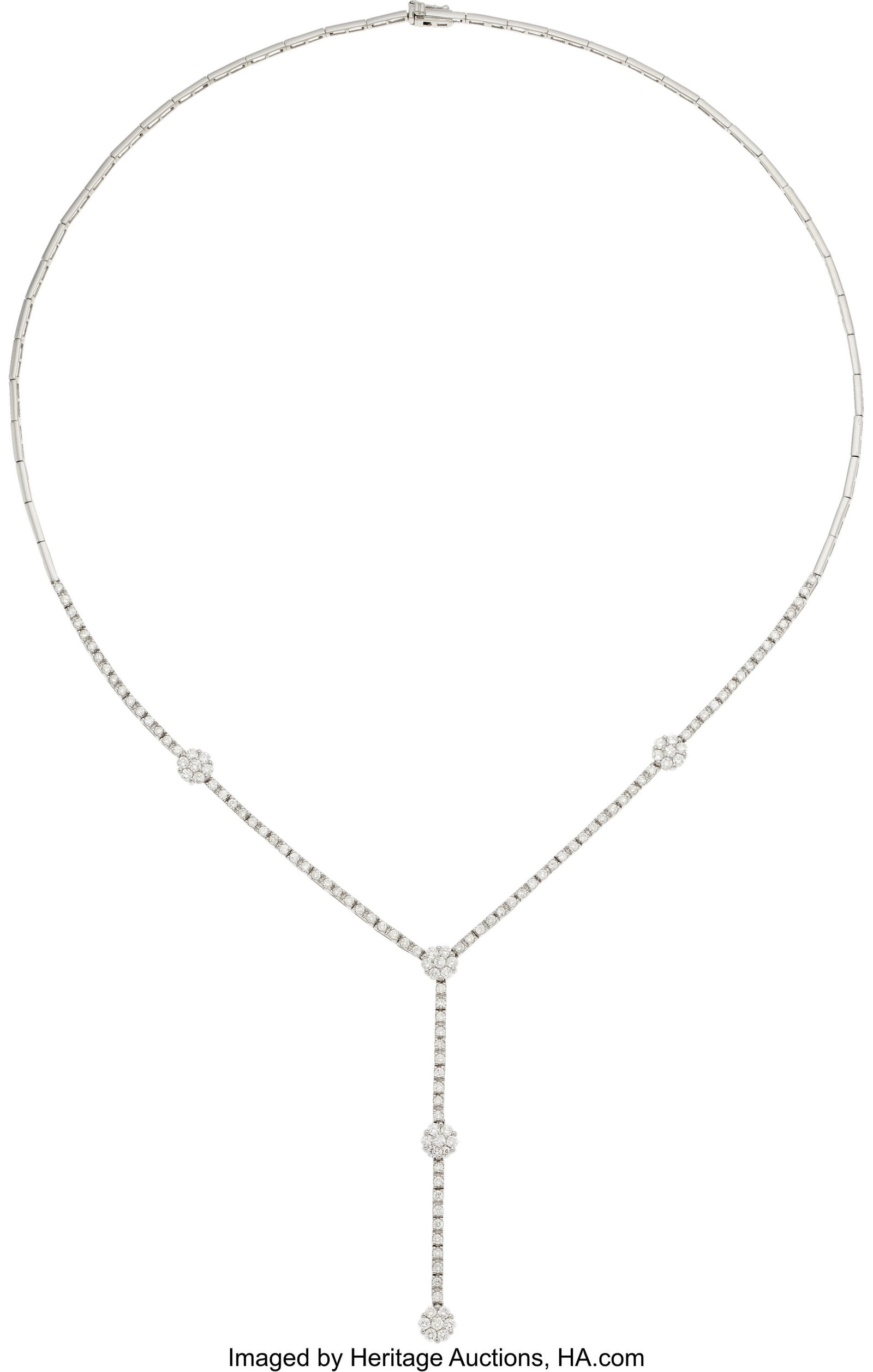 Diamond, White Gold Necklace Stones: Full-cut d: Diamond, White Gold Necklace Stones: Full-cut diamonds weighing a total of approximately 2.60 carats Metal: 18k white gold Gross Weight: 14.30 grams Drop Dimensio