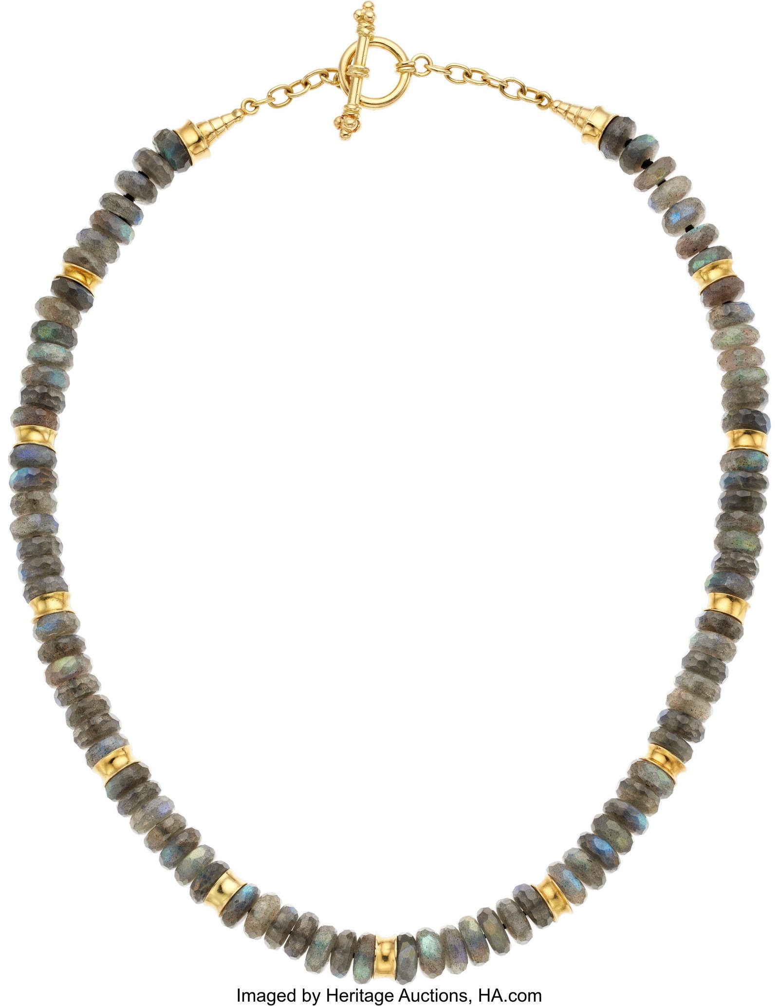 Labradorite, Gold Necklace Stones: Labradorite : Labradorite, Gold Necklace Stones: Labradorite beads Metal: 18k gold Gross Weight: 74.70 grams Dimensions: 20 inches x 3/8 inch Property from the Estate of Vir