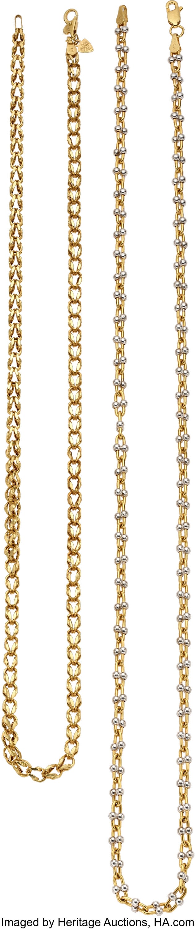 Gold Necklaces Metal: 14k white and yellow gold: Gold Necklaces Metal: 14k white and yellow gold Gross Weight: 30.80 grams Dimensions: 20-1/4 inches and 23-1/2 inches Property from the Estate of Virginia Sory Brown&c