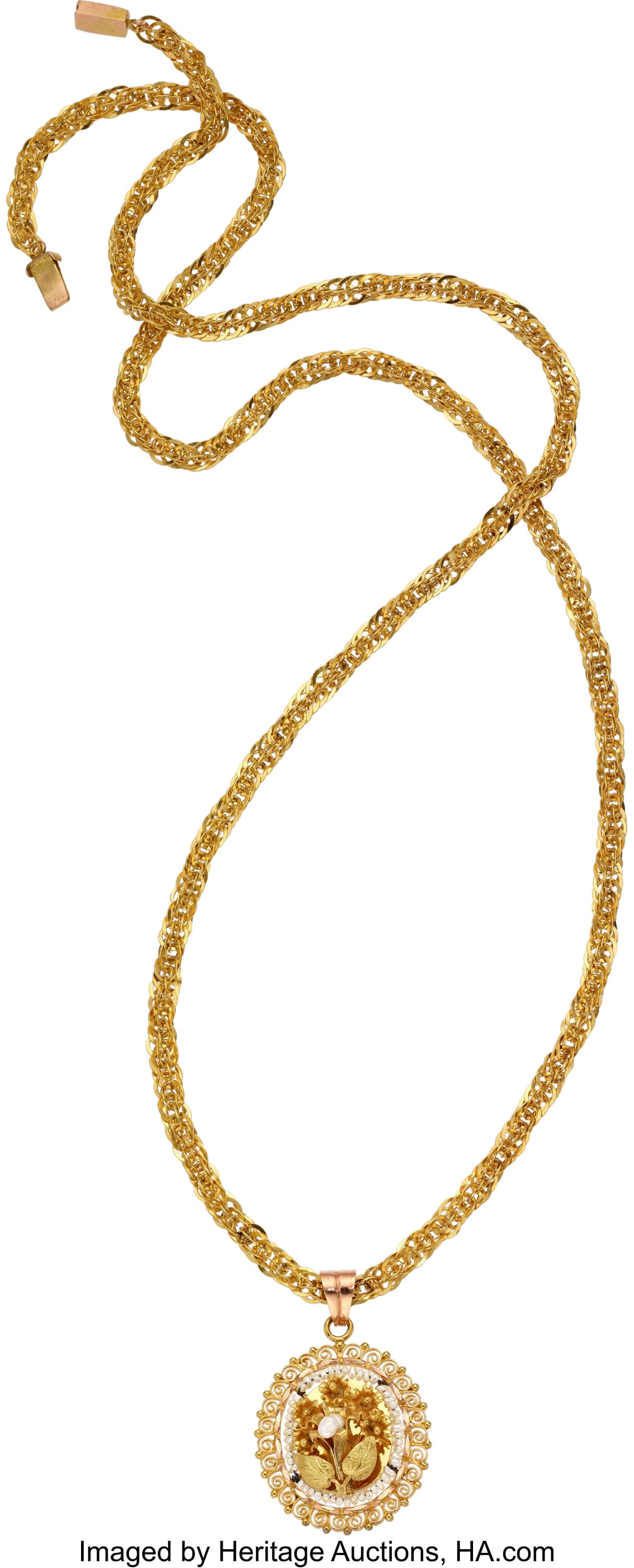 Seed Pearl, Gold Pendant-Necklace Pearls: Seed : Seed Pearl, Gold Pendant-Necklace Pearls: Seed pearls measuring 1.50 mm - 4.80 mm Metal: 14k gold Gross Weight: 21.30 grams Chain Length: 25-1/4 