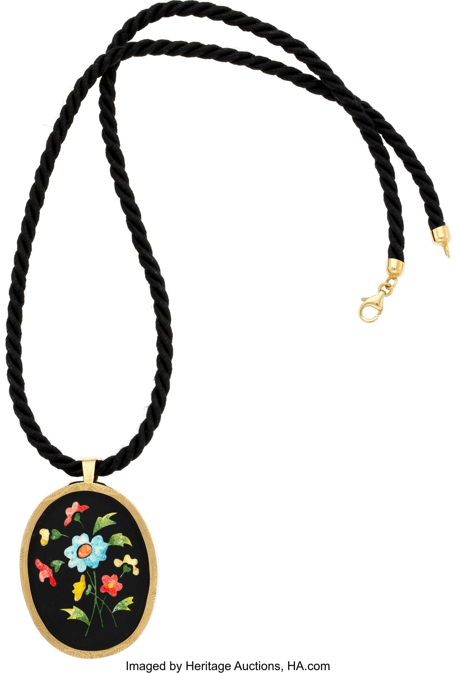 Marzio Casprini & Giuliano Foglia Pietra Dura, C: Marzio Casprini & Giuliano Foglia Pietra Dura, Cord, Gold Pendant-Brooch-Necklace Stones: Pietra dura Element: Black cord Metal: 18k gold Marked: for Marzio Cas