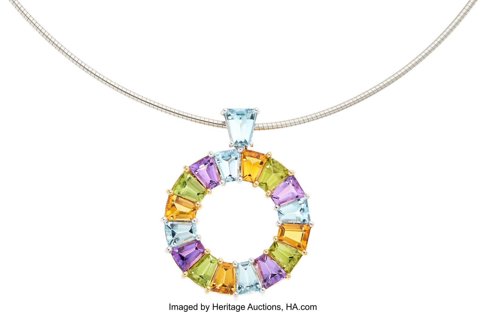 Multi-Stone, Gold Pendant-Necklace Stones: Tape: Multi-Stone, Gold Pendant-Necklace Stones: Tapered baguette-cut aquamarine weighing a total of approximately 2.00 carats; tapered baguette-cut peridot weighing a total of appro