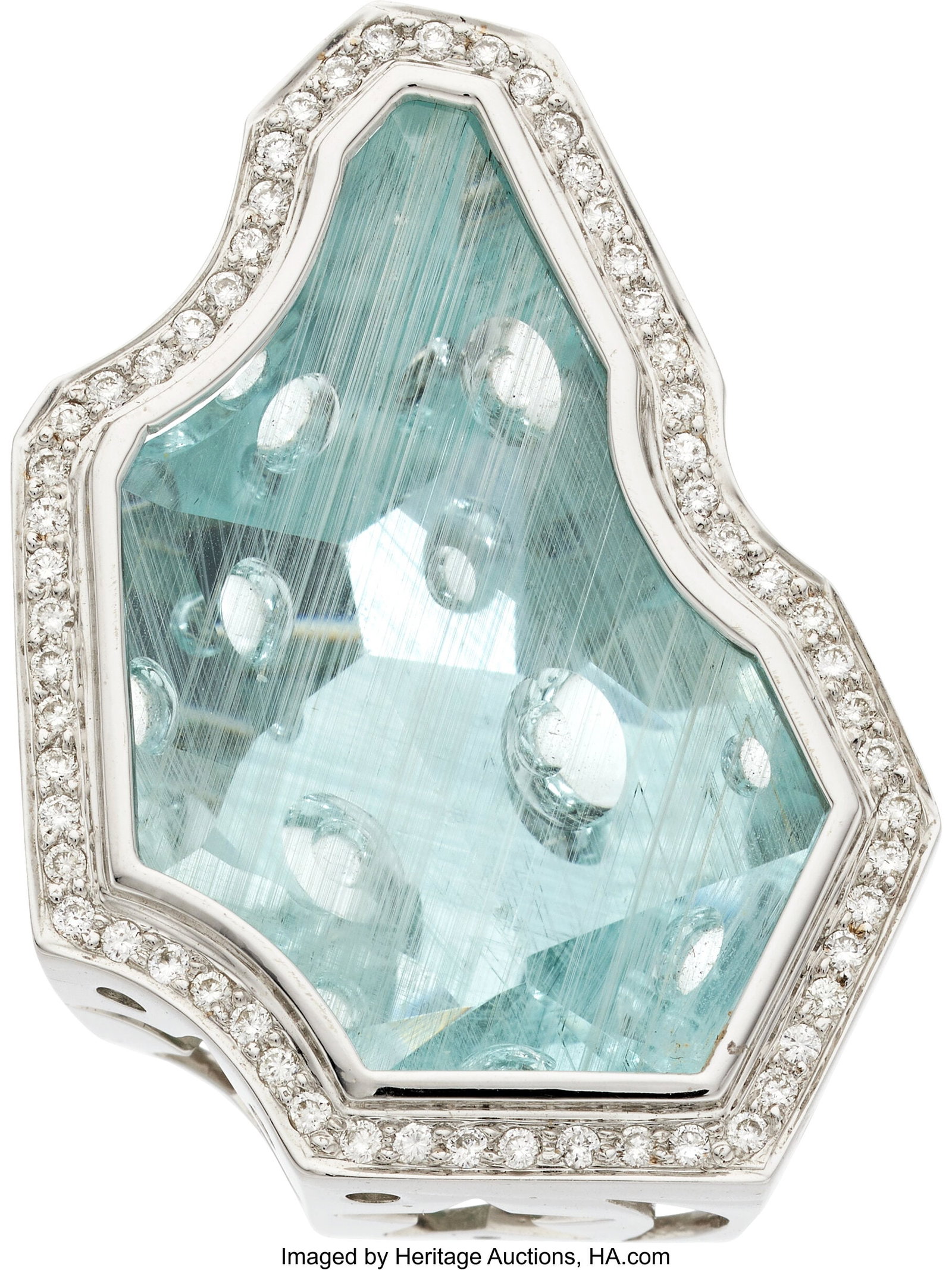 Aquamarine, Diamond, White Gold Pendant Stones:: Aquamarine, Diamond, White Gold Pendant Stones: Fantasy-cut aquamarine; full-cut diamonds weighing a total of approximately 1.00 carat Metal: 18k white gold Gross W
