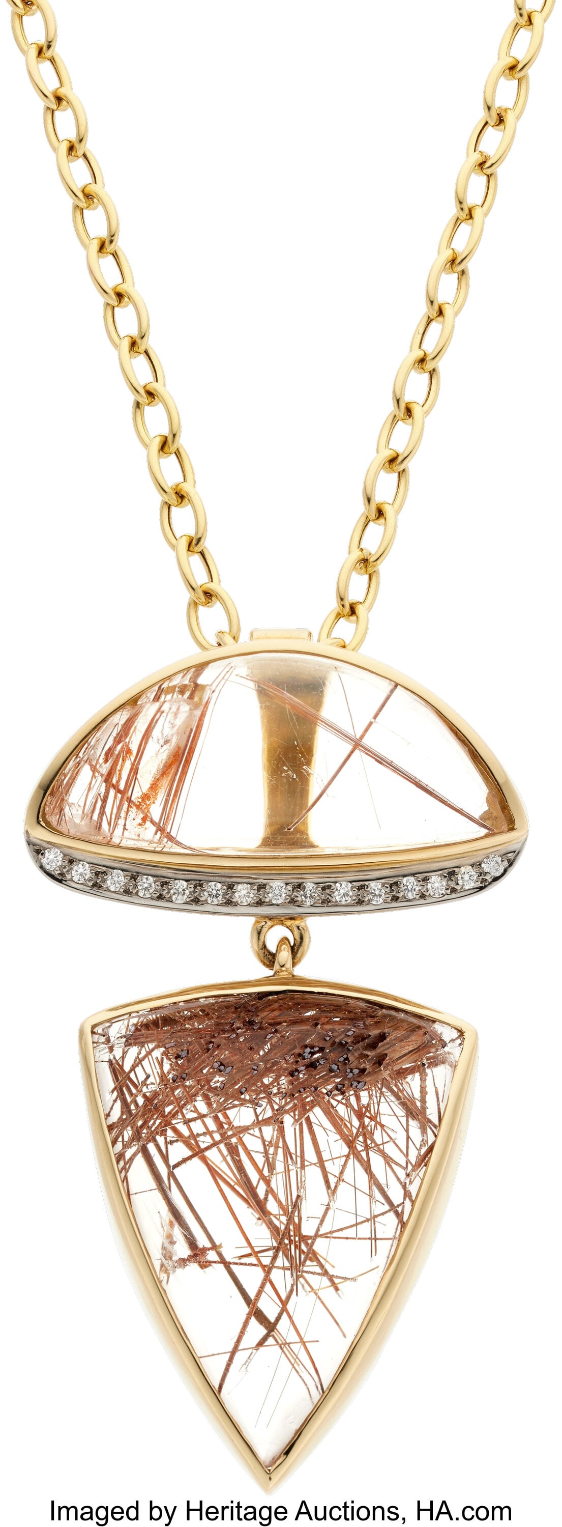 Rutilated Quartz, Diamond, Gold Pendant-Necklace: Rutilated Quartz, Diamond, Gold Pendant-Necklace Stones: Rutilated quartz cabochons; full-cut diamonds weighing a total of approximately 0.15 carat Metal: 18k and 1