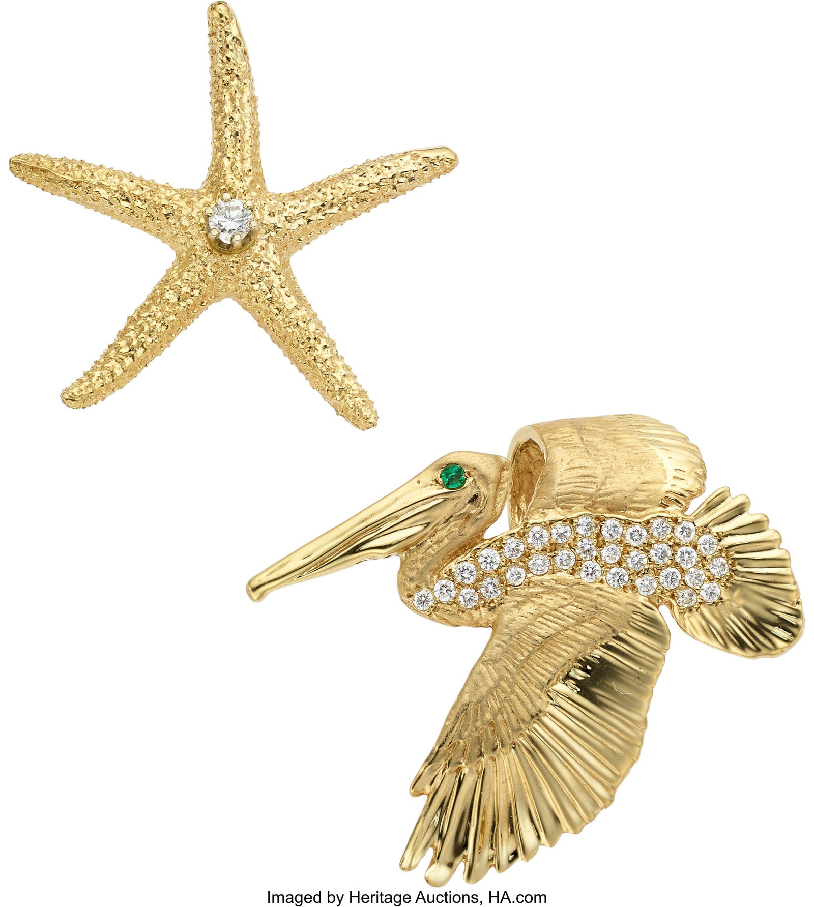 Diamond, Emerald, Gold Pendants Stones: Full-cu: Diamond, Emerald, Gold Pendants Stones: Full-cut diamonds weighing a total of approximately 0.95 carat; round-shaped emerald Metal: 14k gold Gross Weight: 30&