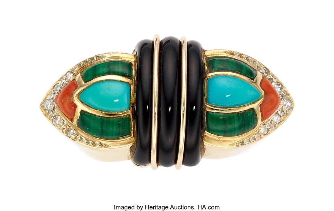 Multi-Stone, Diamond, Gold Ring Stones: Carved : Multi-Stone, Diamond, Gold Ring Stones: Carved coral, malachite, turquoise, and black onyx; full-cut diamonds weighing a total of approximately 0.15 car