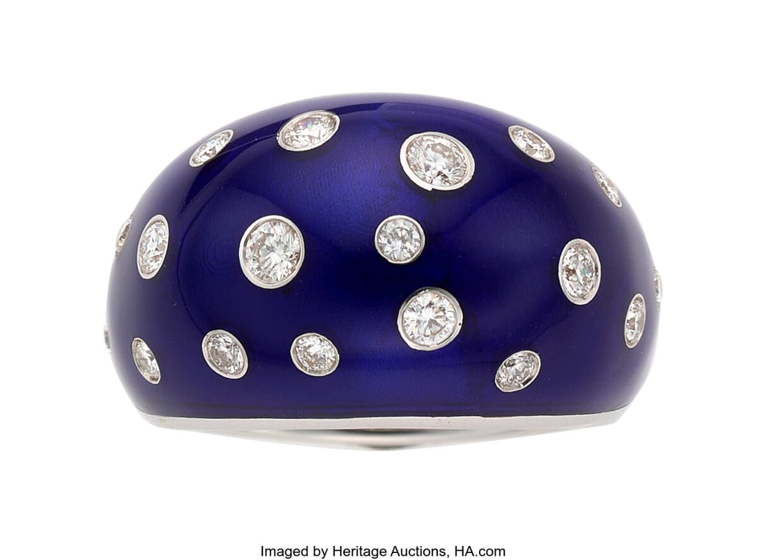 Diamond, Enamel, White Gold Ring Stones: Full-c: Diamond, Enamel, White Gold Ring Stones: Full-cut diamonds weighing a total of approximately 0.75 carat Element: Enamel metal: 18k white gold Gross Weight: 1
