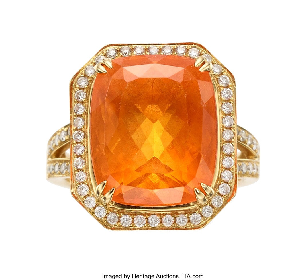Fire Opal, Diamond, Gold Ring Stones: Cushion-s: Fire Opal, Diamond, Gold Ring Stones: Cushion-shaped fire opal weighing approximately 7.00 carats; full-cut diamonds weighing a total of approximately 0.75 carat M