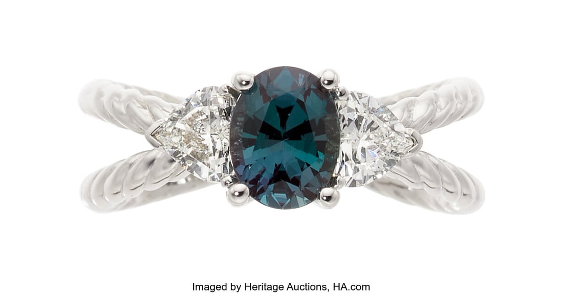 Mark Henry Brazilian Alexandrite, Diamond, White: Mark Henry Brazilian Alexandrite, Diamond, White Gold Ring Stones: Oval-shaped alexandrite weighing approximately 1.05 carats; heart-shaped diamonds weighing a total of a