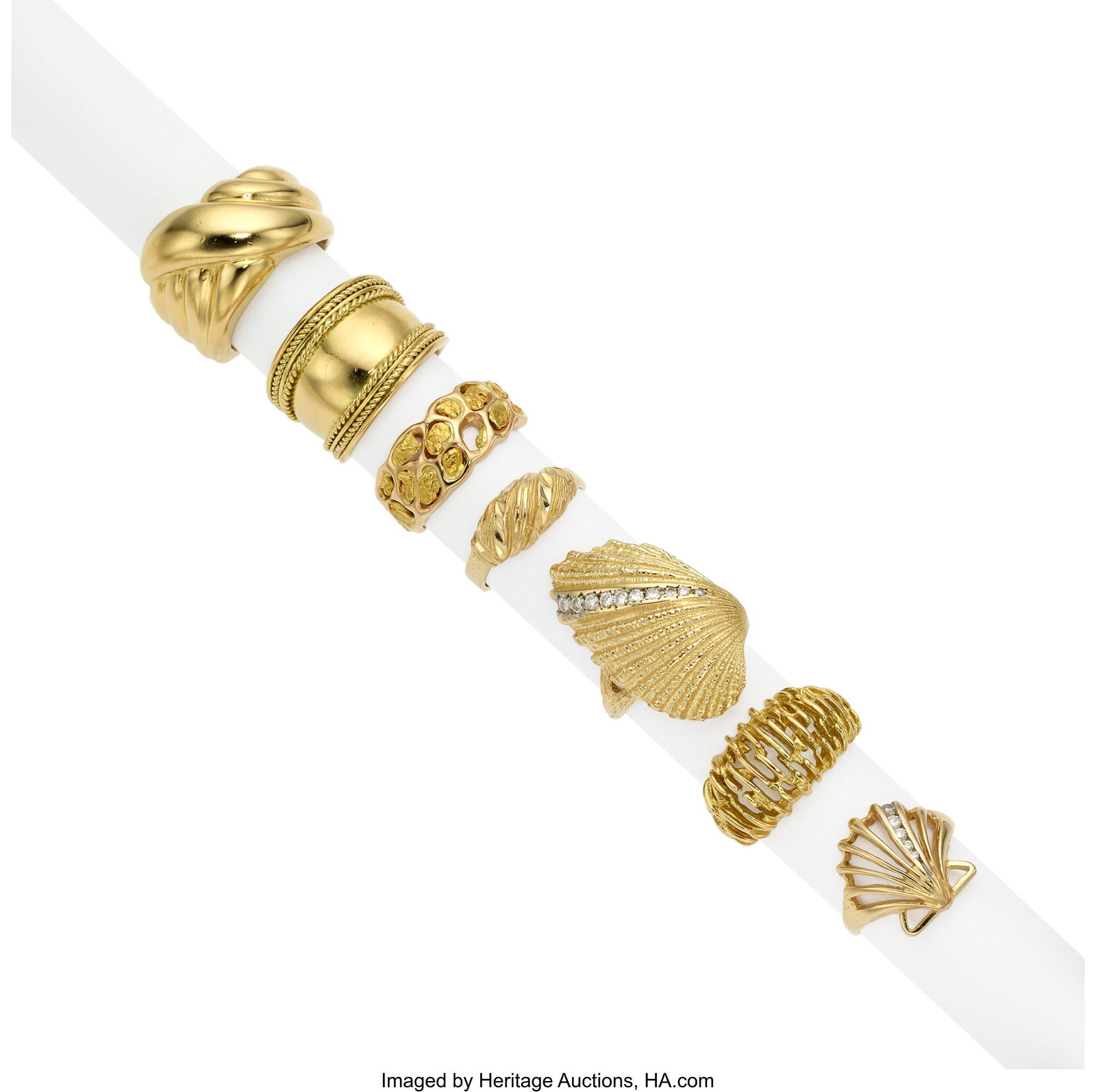 Diamond, Gold Rings Stones: Full-cut diamonds w: Diamond, Gold Rings Stones: Full-cut diamonds weighing a total of approximately 0.35 carat Metal: 18k and 14k gold Gross Weight: 60.6 grams Size: 5-1/4&