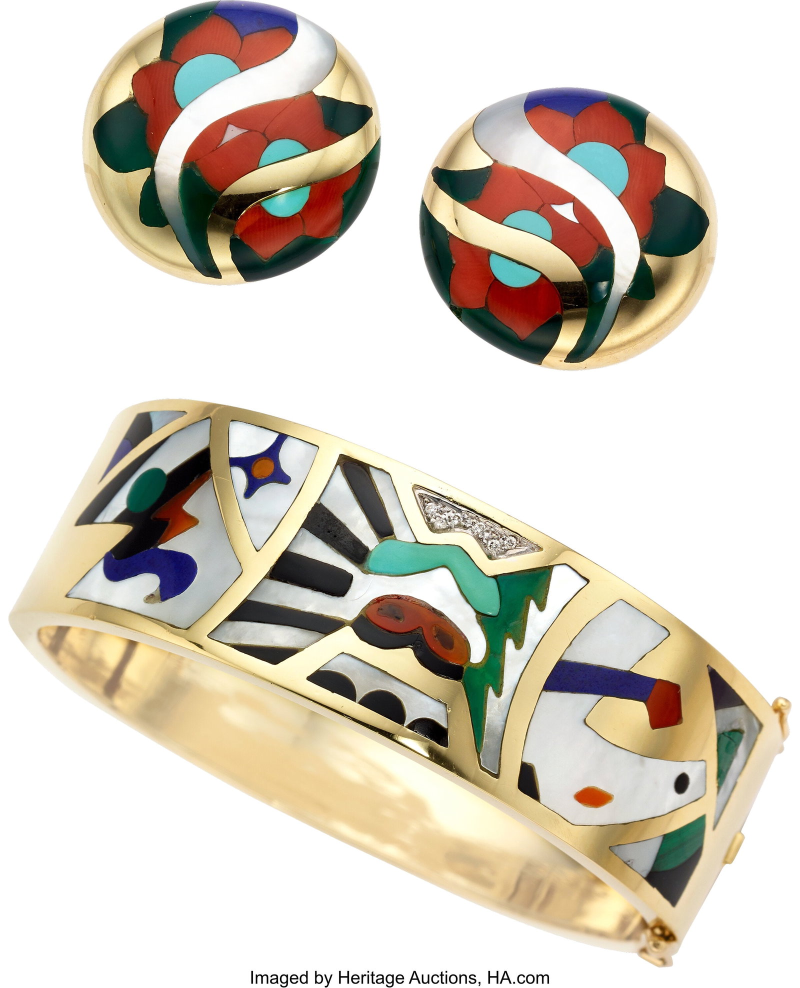 Multi-Stone, Diamond, Gold Jewelry Suite Stones: Multi-Stone, Diamond, Gold Jewelry Suite Stones: Carved coral, green chalcedony, turquoise, lapis lazuli, mother-of-pearl, carnelian, malachite&co