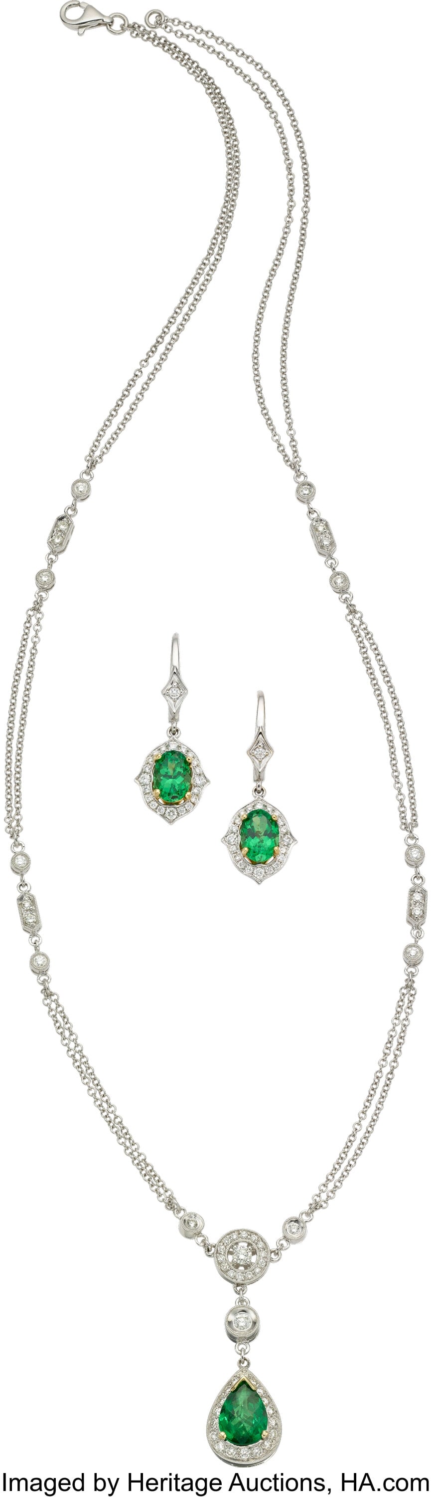 Parade Tsavorite Garnet, Diamond, Gold Jewelry S: Parade Tsavorite Garnet, Diamond, Gold Jewelry Suite Stones: Pear-shaped checkerboard faceted tsavorite garnet weighing approximately 1.35 carats; oval-shaped tsavorite g