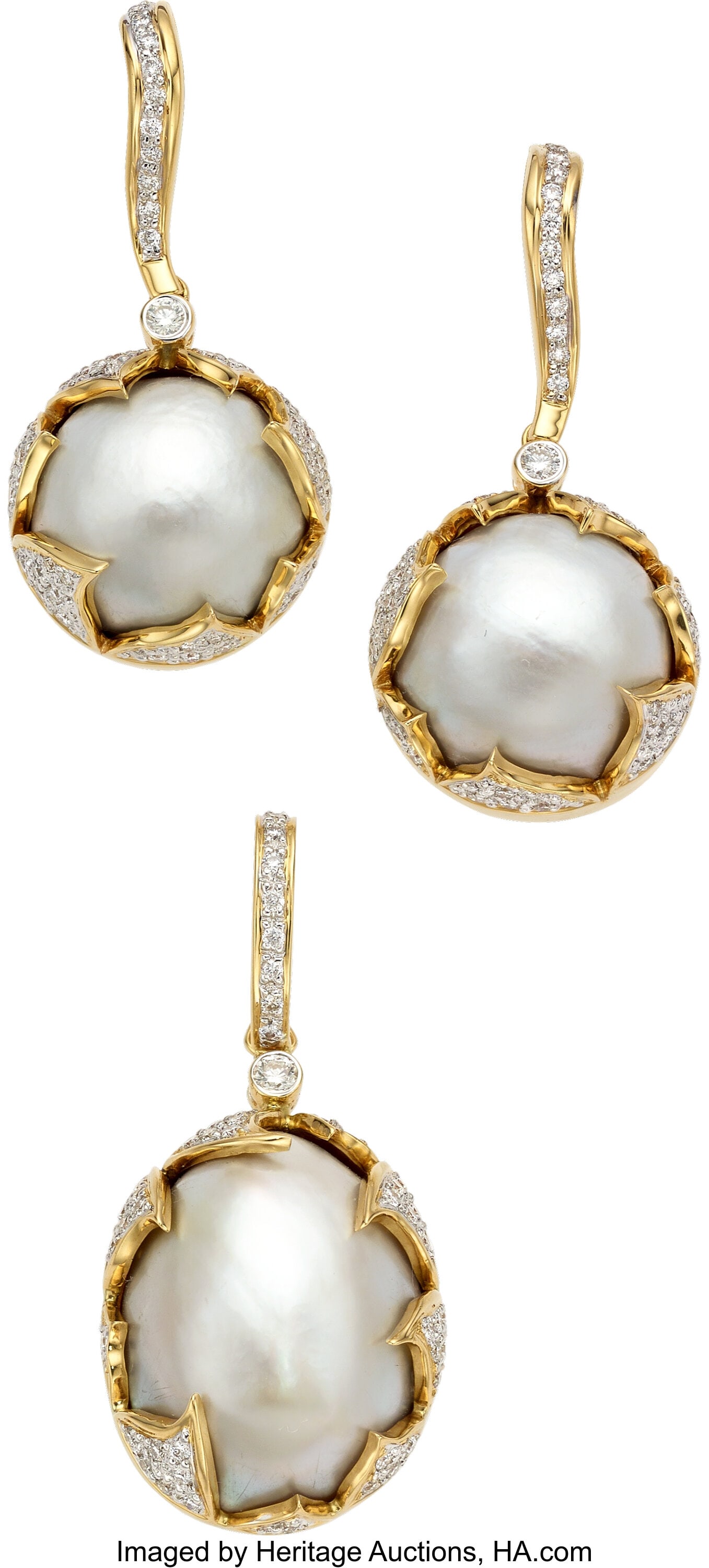 Cultured Pearl, Diamond, Gold Jewelry Suite Sto: Cultured Pearl, Diamond, Gold Jewelry Suite Stones: Full-cut diamonds weighing a total of approximately 1.10 carats Pearls: Cultured pearls measuring 15.50 x 15&p