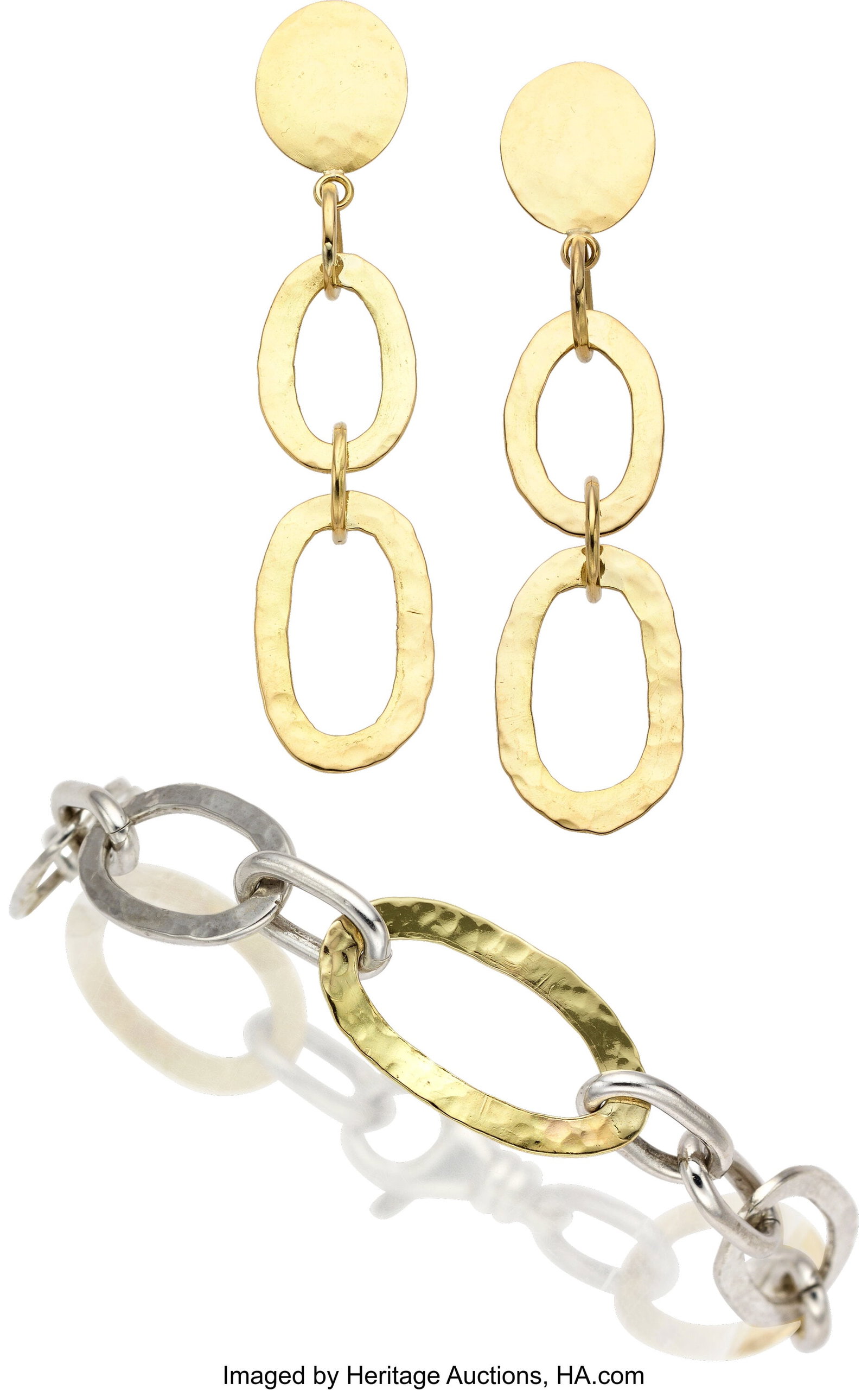 Gold, Silver Jewelry Suite Metal: 14k gold and : Gold, Silver Jewelry Suite Metal: 14k gold and silver Gross Weight: 28.70 grams Bracelet Dimensions: 7-1/2 inches x 1/2 inch Earring Dimensions:2-1/4 i