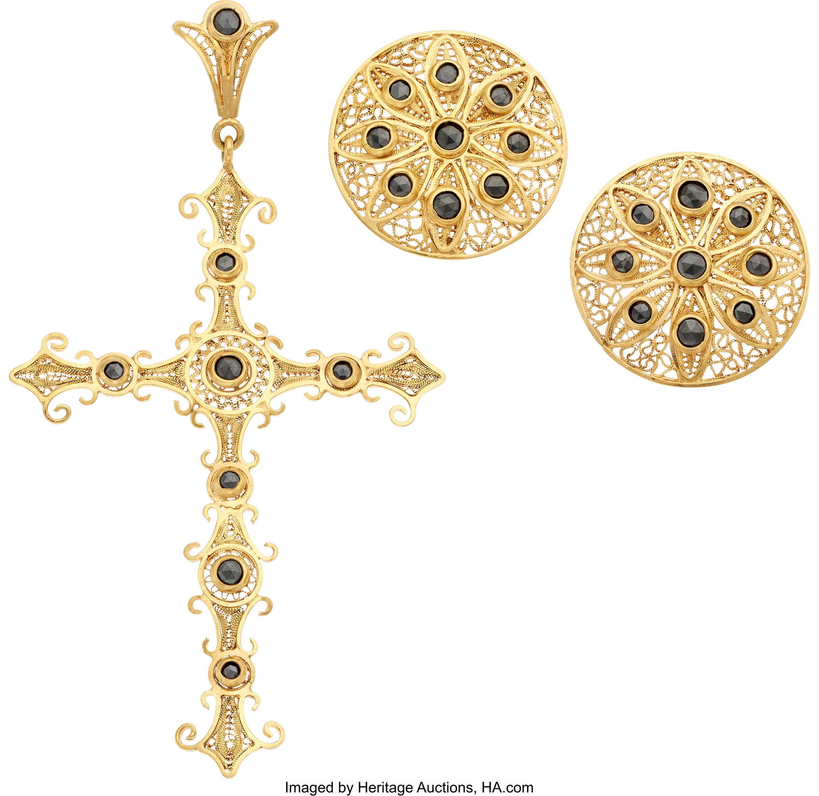 Colored Diamond, Gold Jewelry Suite Stones: Che: Colored Diamond, Gold Jewelry Suite Stones: Checkerboard-faceted colored diamonds Metal: 18k gold Gross Weight: 20.00 grams Pendant Dimensions: 3-7/16 inches x