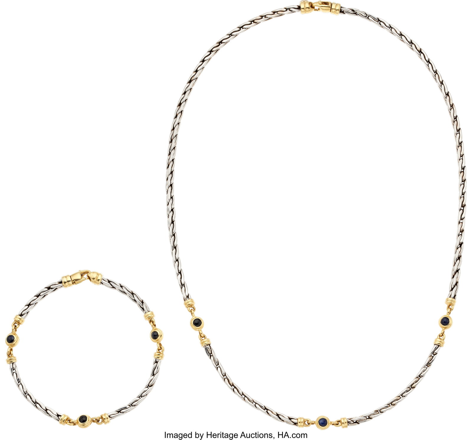 Sapphire, Gold Jewelry Suite Stones: Sapphire c: Sapphire, Gold Jewelry Suite Stones: Sapphire cabochons Metal: 14k white and yellow gold Gross Weight: 26.00 grams Necklace Dimensions: 18 inches x 3/16 inches