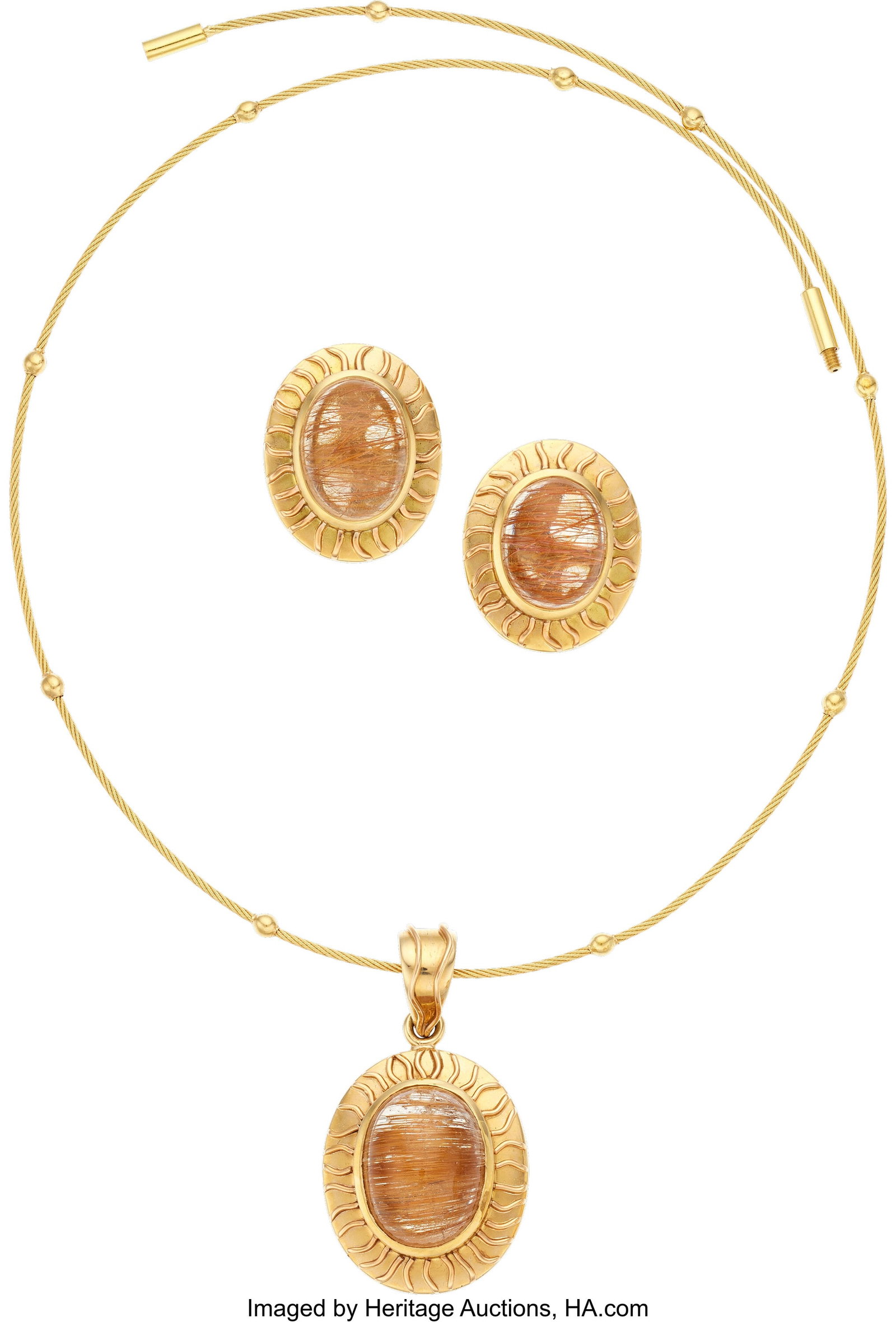 Rutilated Quartz, Gold Jewelry Suite Stones: Ru: Rutilated Quartz, Gold Jewelry Suite Stones: Rutilated quartz cabochons Metal: 18k gold Gross Weight: 39.30 grams Pendant Dimensions: 1-5/8 inches x 15/16 