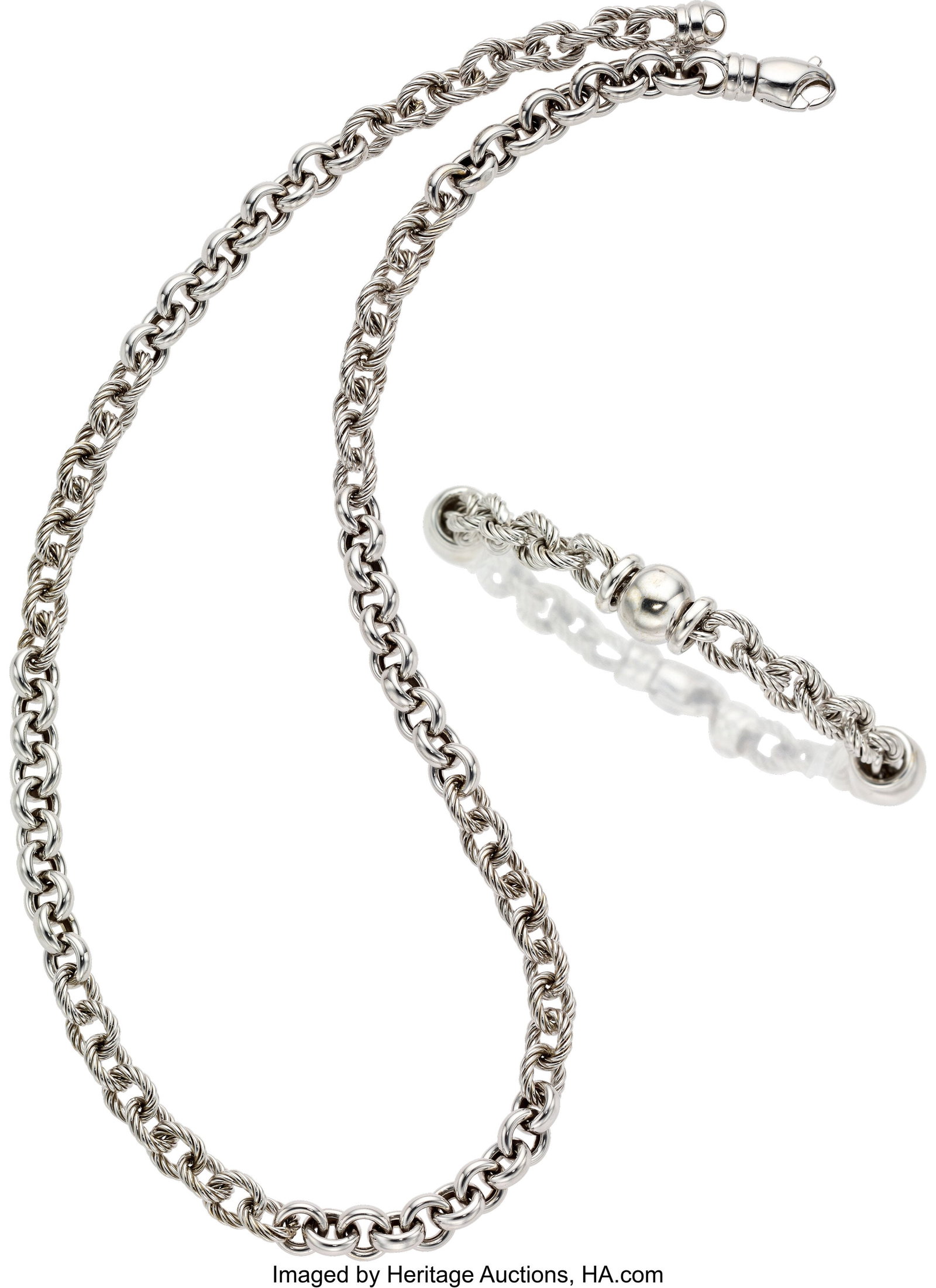 White Gold Jewelry Suite Metal: 14k white gold : White Gold Jewelry Suite Metal: 14k white gold Gross Weight: 53.10 grams Necklace Dimensions: 18 inches x 1/4 inch Bracelet Dimensions: 7-/14 inches x 1/4 in