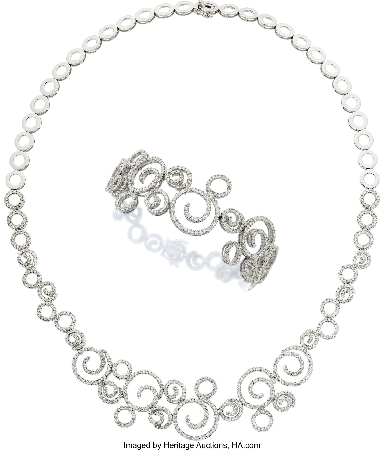 Diamond, White Gold Jewelry Suite Stones: Full-: Diamond, White Gold Jewelry Suite Stones: Full-cut diamonds weighing a total of approximately 13.50 carats Metal: 18k white gold Gross Weight: 59.10 grams Bracele