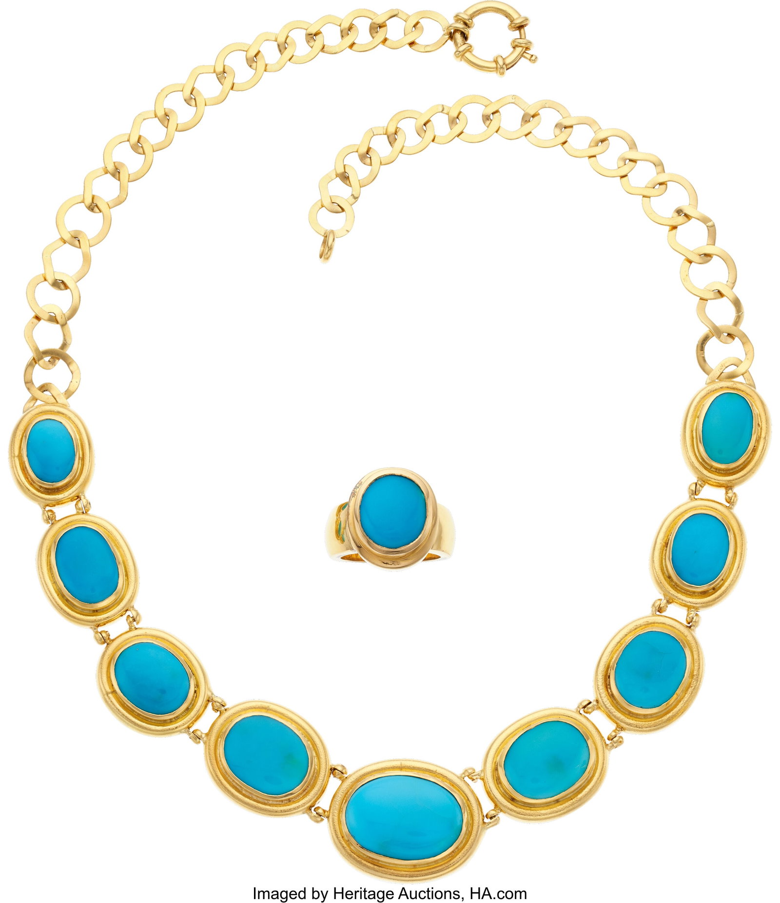 Composite Turquoise, Gold Jewelry Suite Stones:: Composite Turquoise, Gold Jewelry Suite Stones: Composite turquoise cabochons Metal: 18k gold Gross Weight: 97.90 grams Necklace Dimensions: 18 inches x 7/8 in