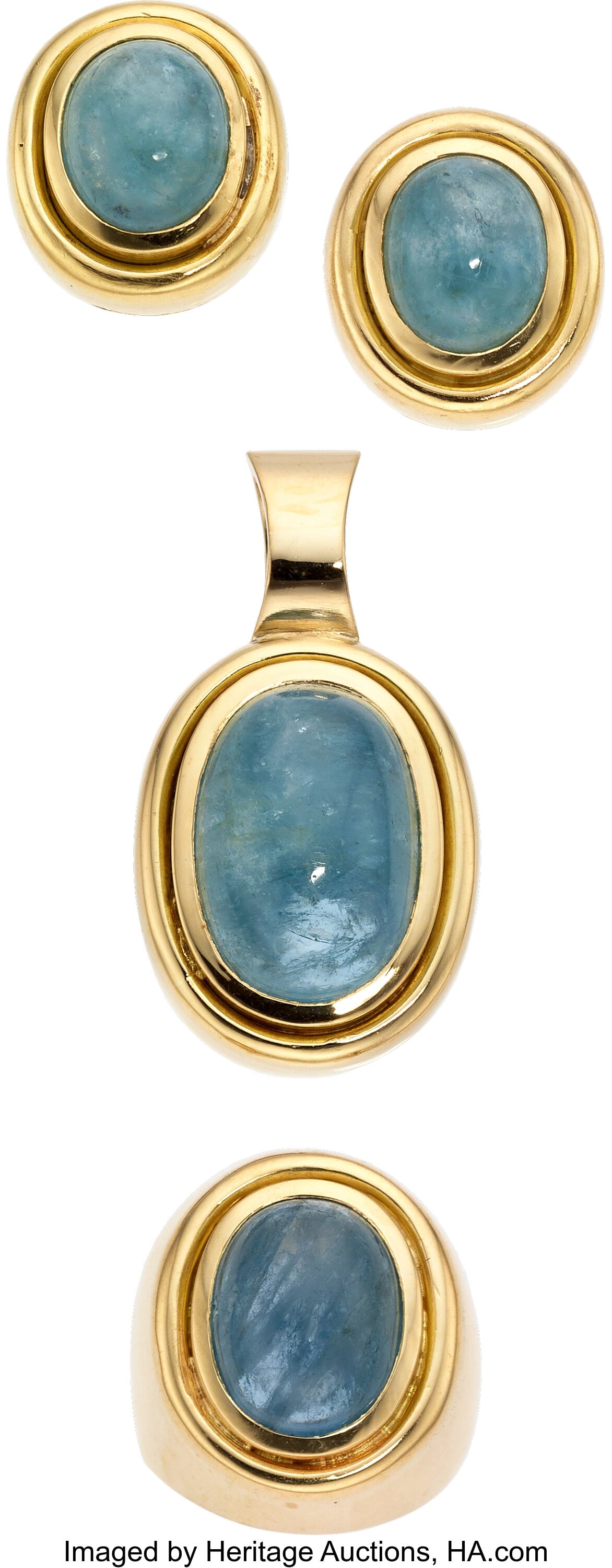 Aquamarine, Gold Jewelry Suite Stones: Aquamari: Aquamarine, Gold Jewelry Suite Stones: Aquamarine cabochons Metal: 18k gold Gross Weight: 72.80 grams Pendant Dimensions: 1-1/2 inches x 3/4 inch Earring D