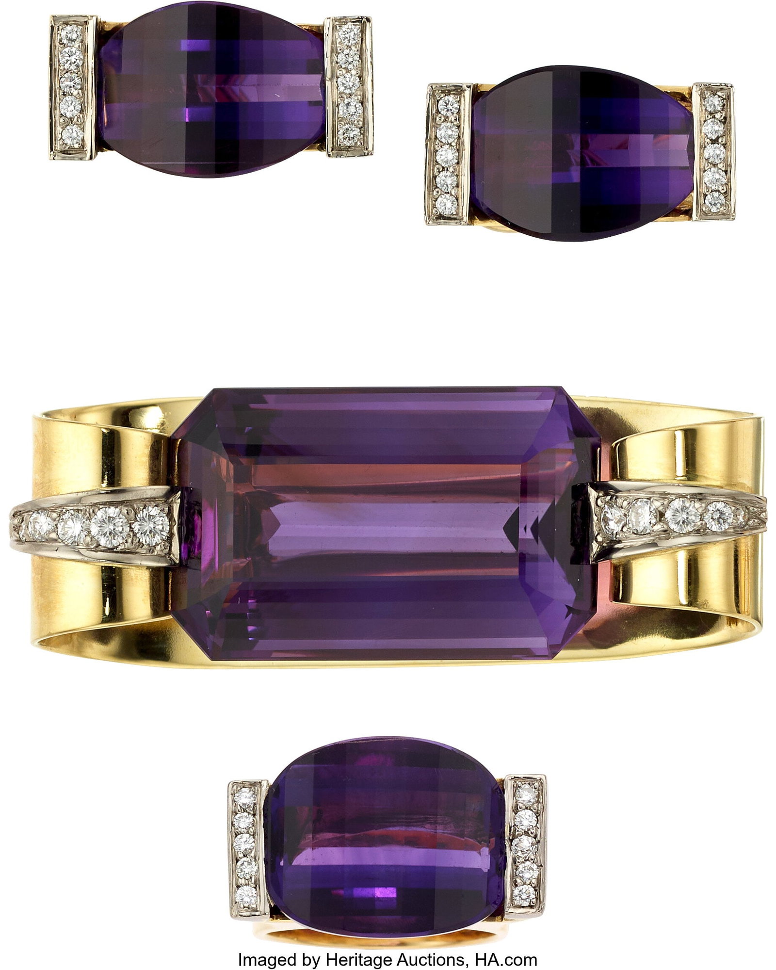 Amethyst, Diamond, Gold Jewelry Suite Stones: E: Amethyst, Diamond, Gold Jewelry Suite Stones: Emerald and fantasy-cut amethyst; full-cut diamonds weighing a total of approximately 1.00 carat Metal: 18k and 14k go