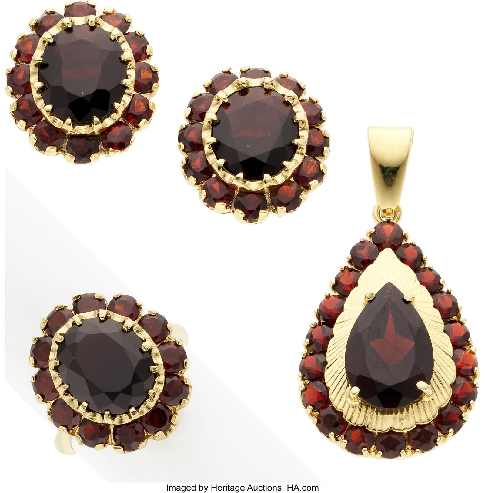 Garnet, Gold Jewelry, Czech Stones: Oval, roun: Garnet, Gold Jewelry, Czech Stones: Oval, round, and pear-shaped garnets Metal: 18k gold Marked: for Fratelli Miotto (pendant); Czech Republic 