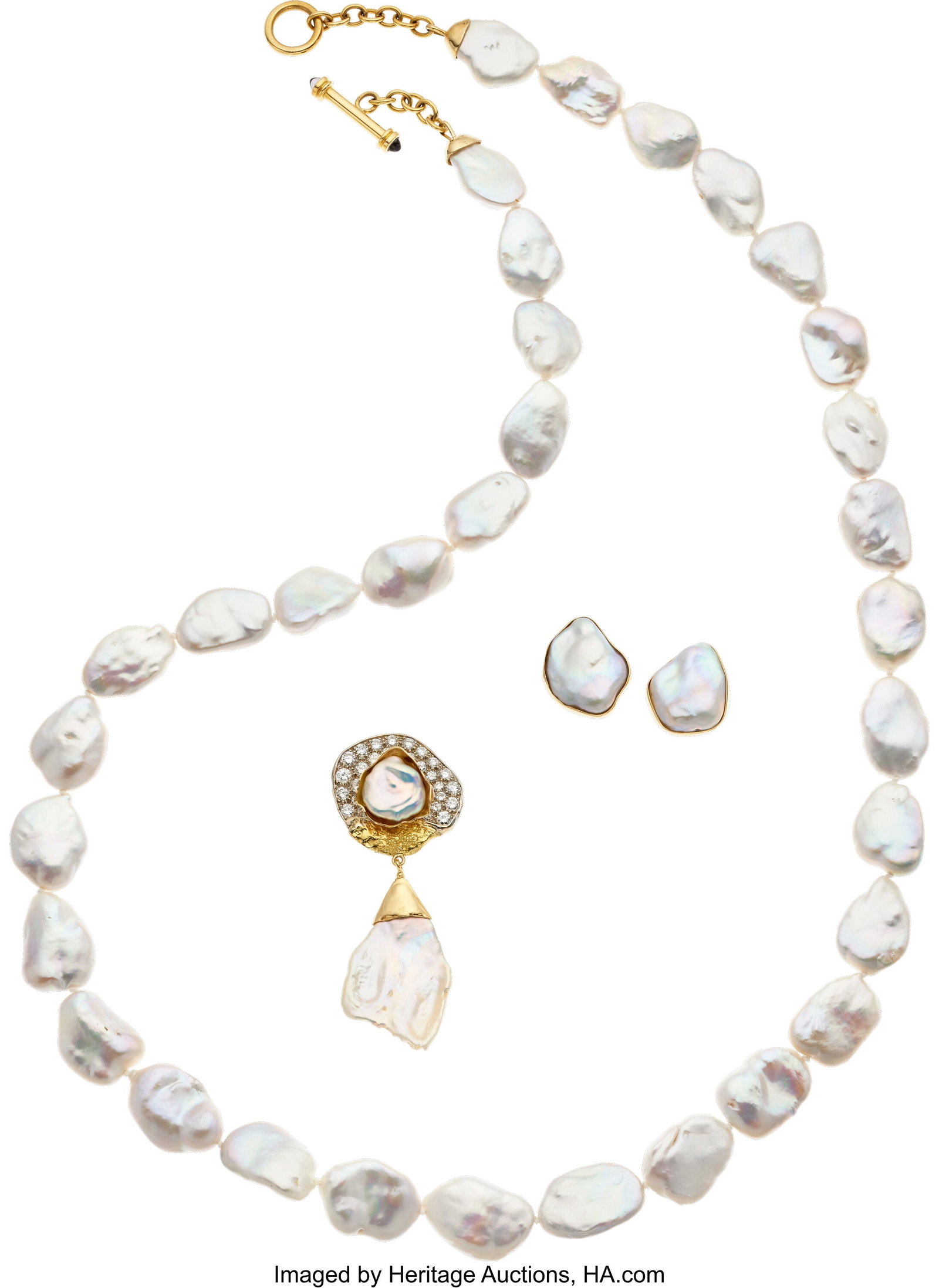 Freshwater Cultured Pearl, Diamond, Tanzanite, G: Freshwater Cultured Pearl, Diamond, Tanzanite, Gold Jewelry Suite Stones: Full-cut diamonds weighing a total of approximately 2.70 carats; tanzanite cabochons Pearl