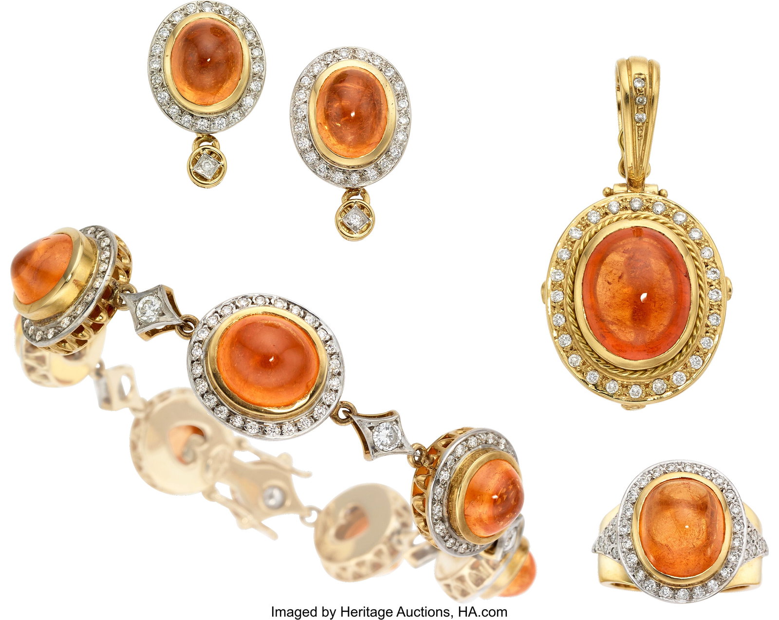 Spessartine Garnet, Diamond, Gold Jewelry Suite : Spessartine Garnet, Diamond, Gold Jewelry Suite Stones: Spessartine garnet cabochons; full-cut diamonds weighing a total of approximately 4.50 carats Metal: 18k yel