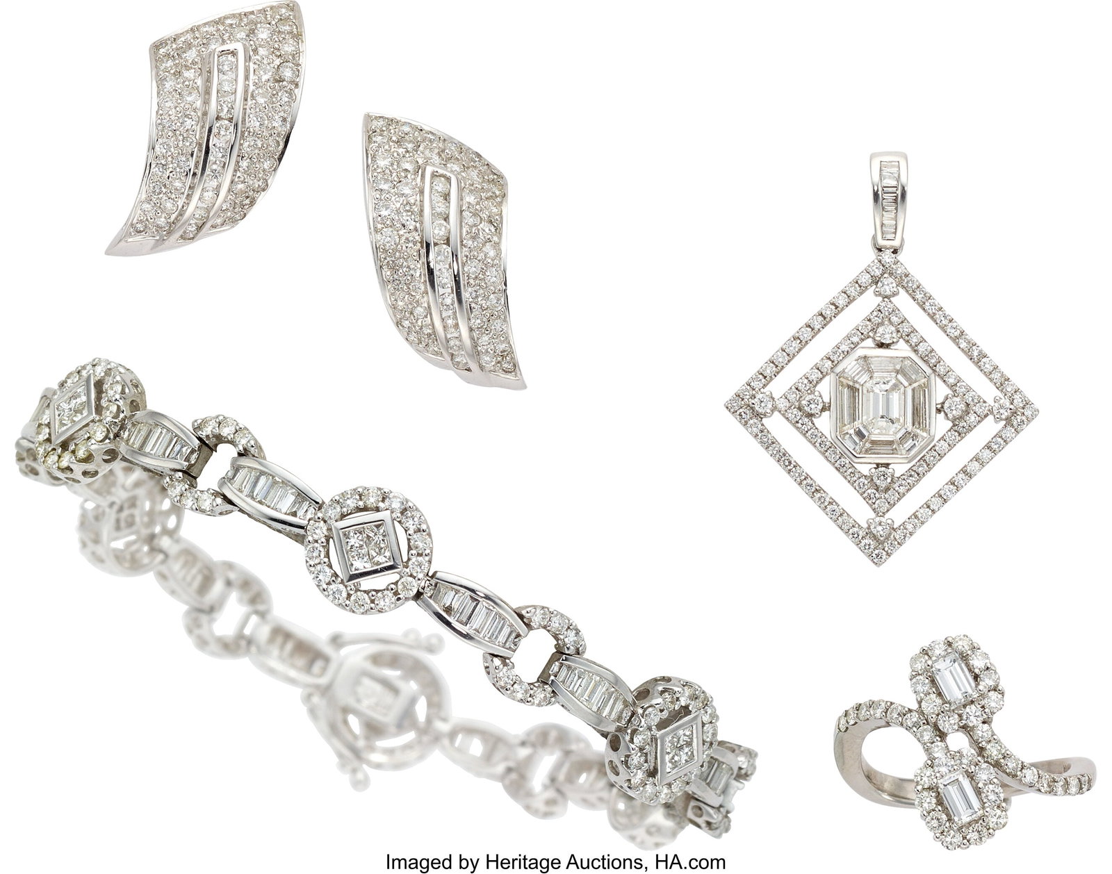 Diamond, White Gold Jewelry Suite Stones: Full-: Diamond, White Gold Jewelry Suite Stones: Full-cut diamonds weighing a total of approximately 4.00 carats; baguette-cut diamonds weighing a total of approximately 2.00 c
