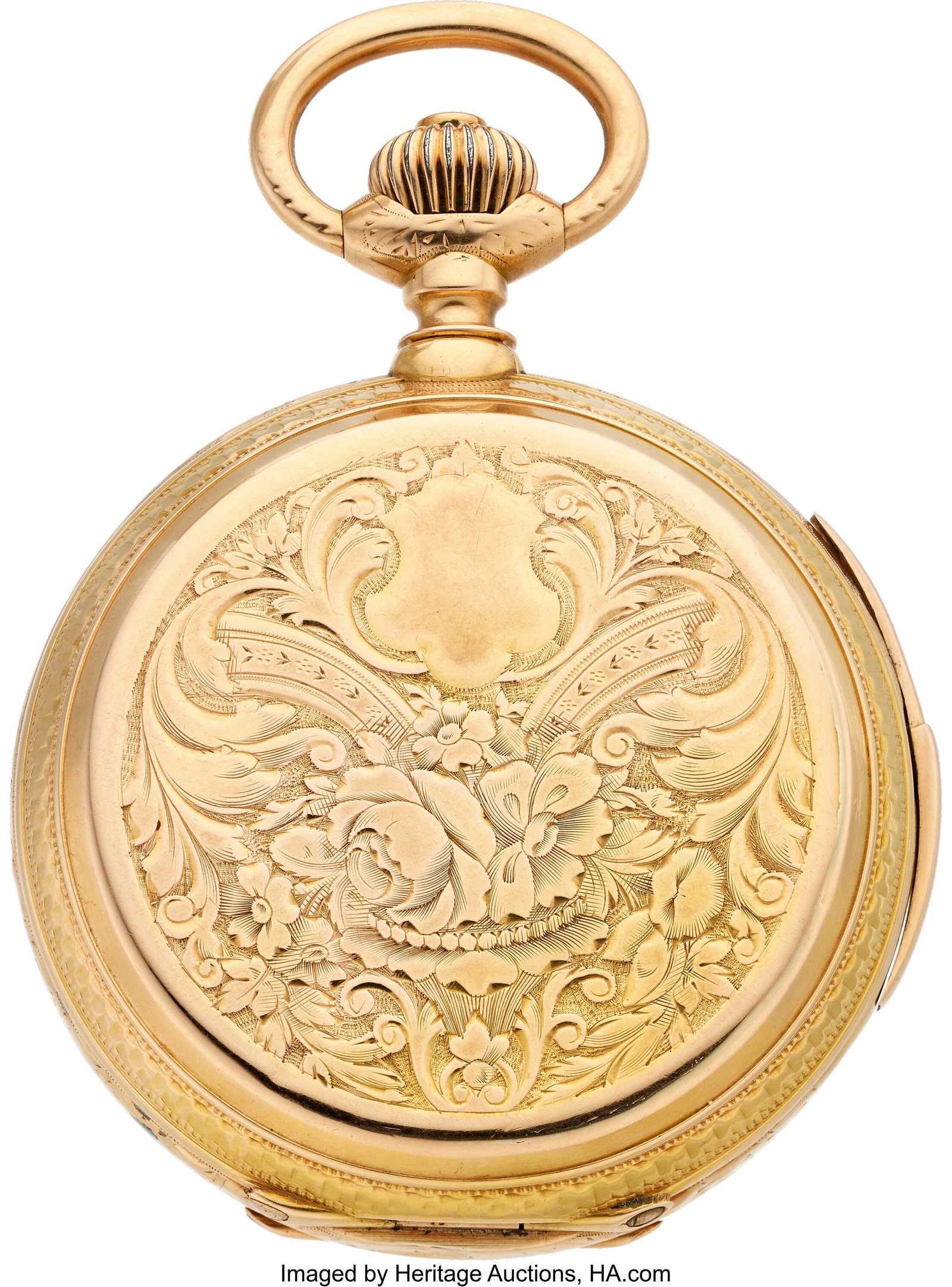 Swiss Gold Minute Repeater Pocket Watch Case: 5: Swiss Gold Minute Repeater Pocket Watch Case: 51 mm, round, 18k gold, snapback with cuvette, 42, 242 Dial: Silver and gold, black hand-painted Roman num