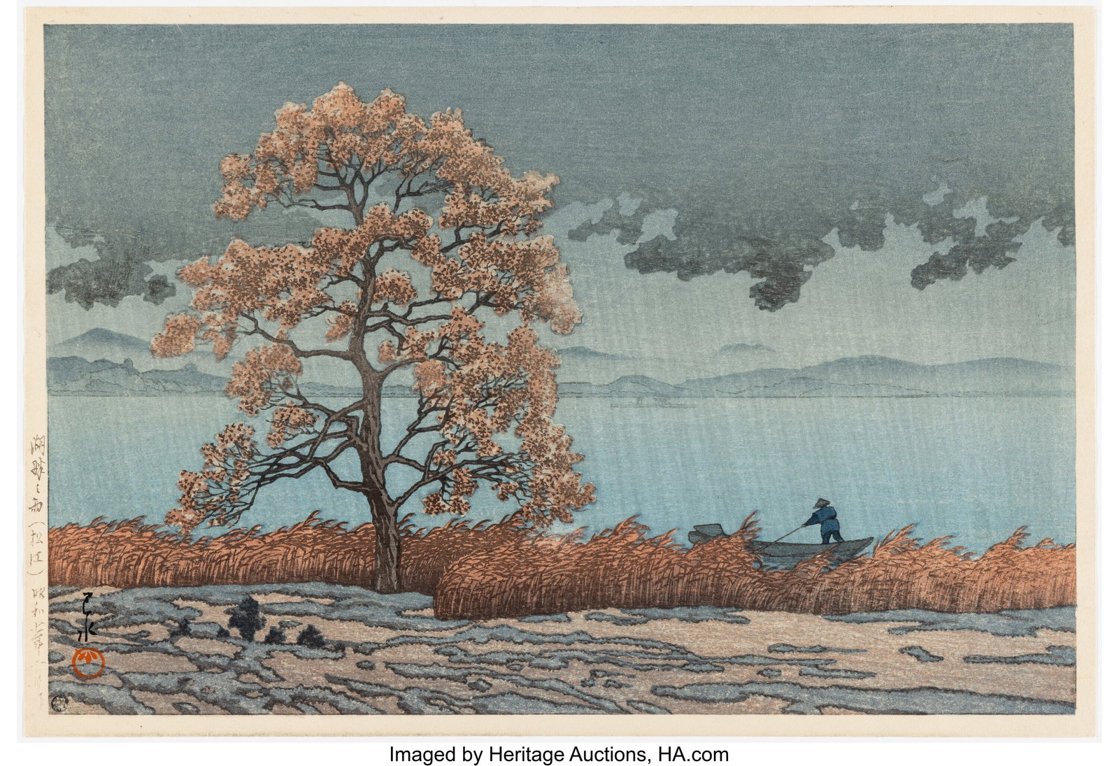 Hasui Kawase (Japanese, 1883-1957) Lakeside Show: Hasui Kawase (Japanese, 1883-1957) Lakeside Shower, Matsue (Chihan no ame (Matsue)), Showa 7 (1932) Woodblock print 10-1/8 x 14-7/8 in