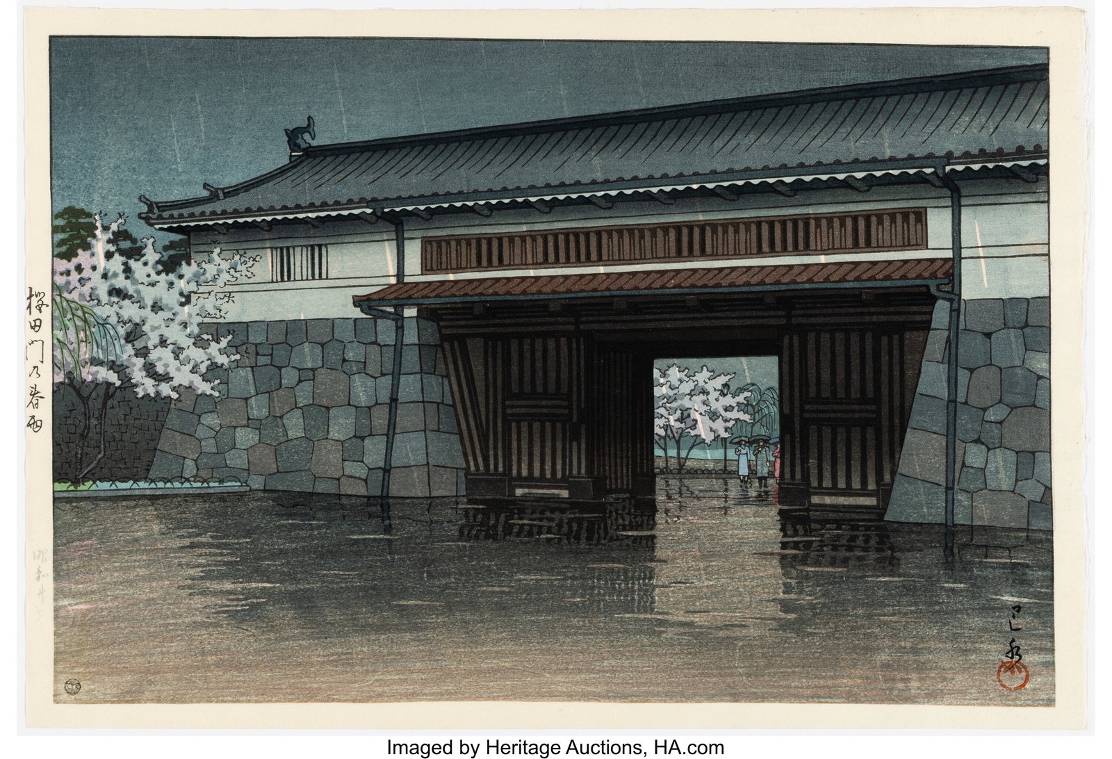 Hasui Kawase (Japanese, 1883-1957) Spring Rain a: Hasui Kawase (Japanese, 1883-1957) Spring Rain at Sakurada Gate (Sakuradamon no harusame), Showa 27 (1952) Woodblock print 10-1/2 x 15-1/4 inches &lpa