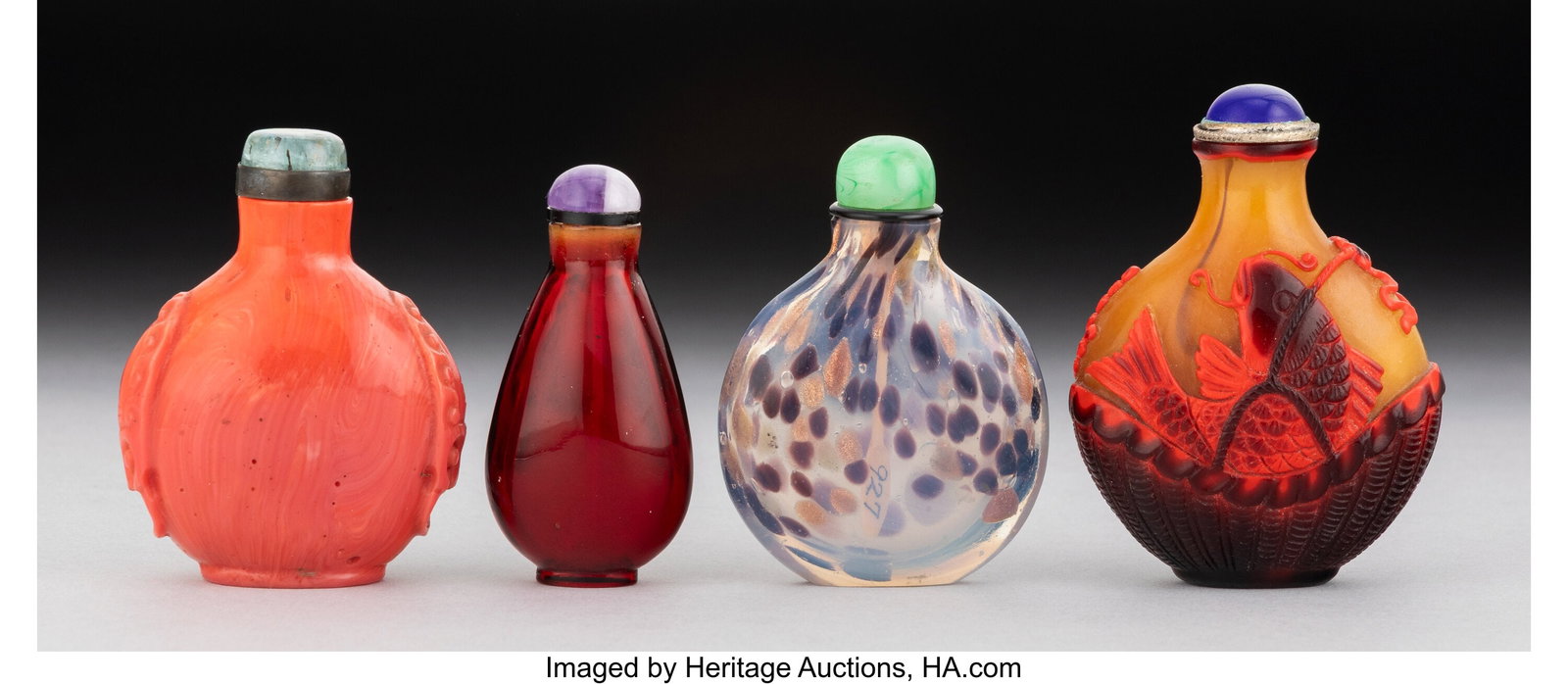 A Group of Four Glass Snuff Bottles 2-1/2 x 2 x : A Group of Four Glass Snuff Bottles 2-1/2 x 2 x 1 inches (6.3 x 5.1 x 2.5 cm) (tallest) HID03101062020 © 2026 Heritage Auctions | All Rights Rese
